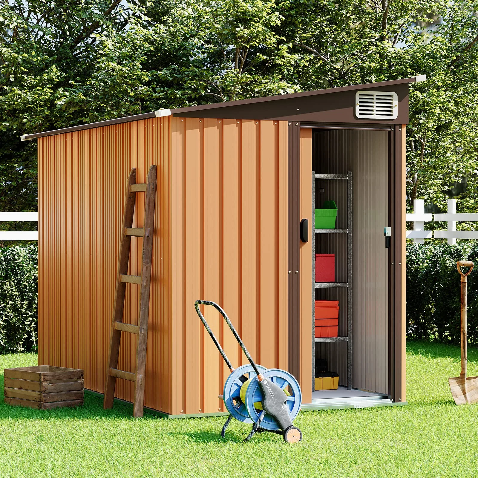 7' x 5' Outdoor Metal Storage Shed Garden Shed with Lockable Doors and Vents, Tools Shed Bike Shed Pet House for Backyard, Patio, Lawn, Brown