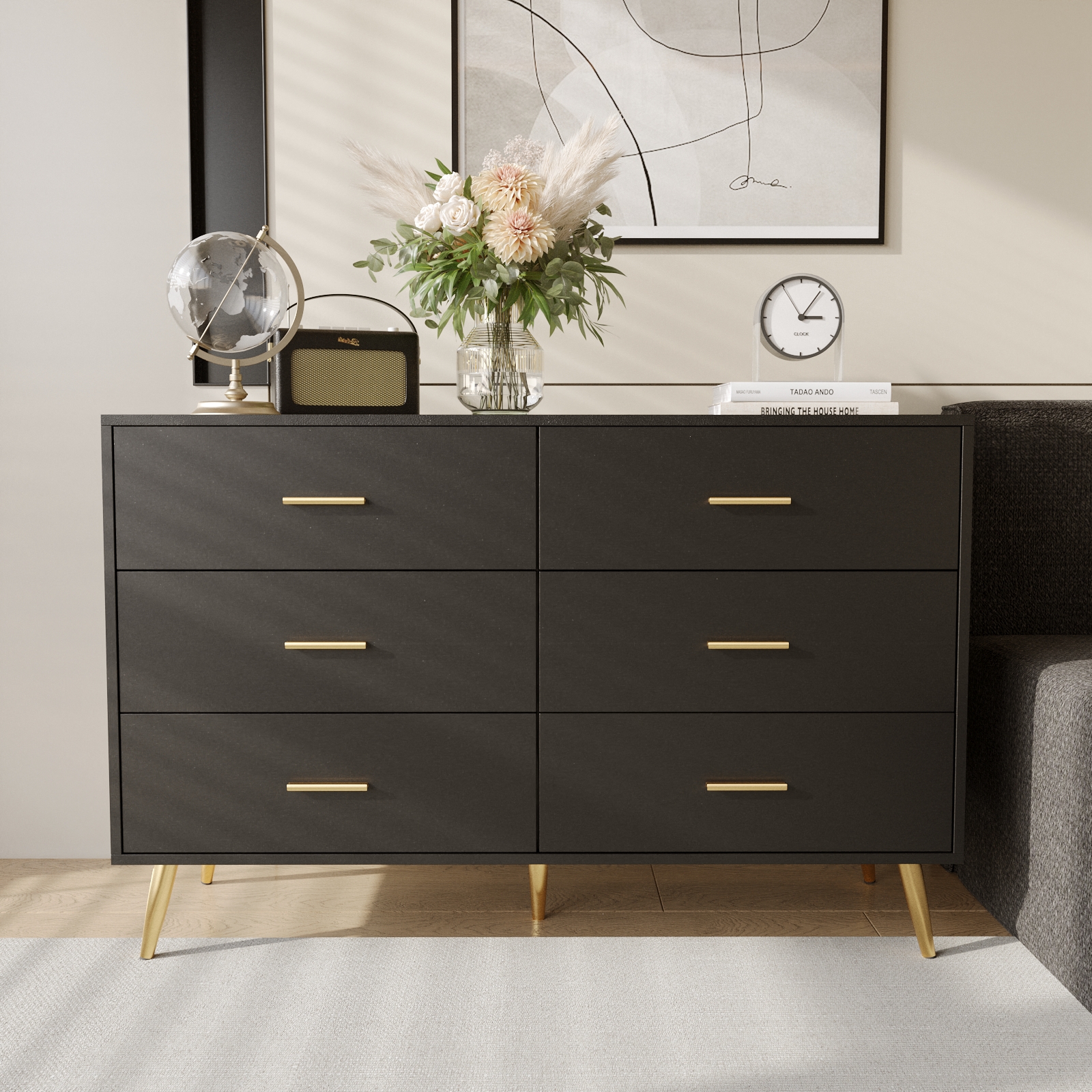 6 Drawer Dresser, Mid-Century Modern Chest Of Drawers, Double Dresser Storage Cabinet For Bedroom Living Room Hallway