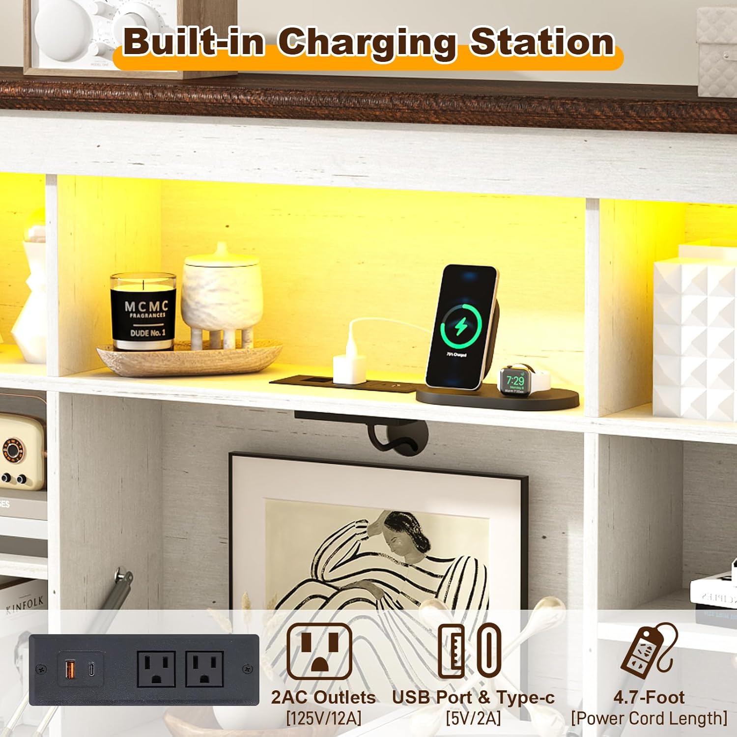 Blotout Farmhouse King Size Bed Frame with 55" Tall Storage Bookcase Headboard & 4 Drawers, Wood Platform Bed Frame with 24" Roman Colum Footboard, LED Light, Charging Station, No Box Spring Needed