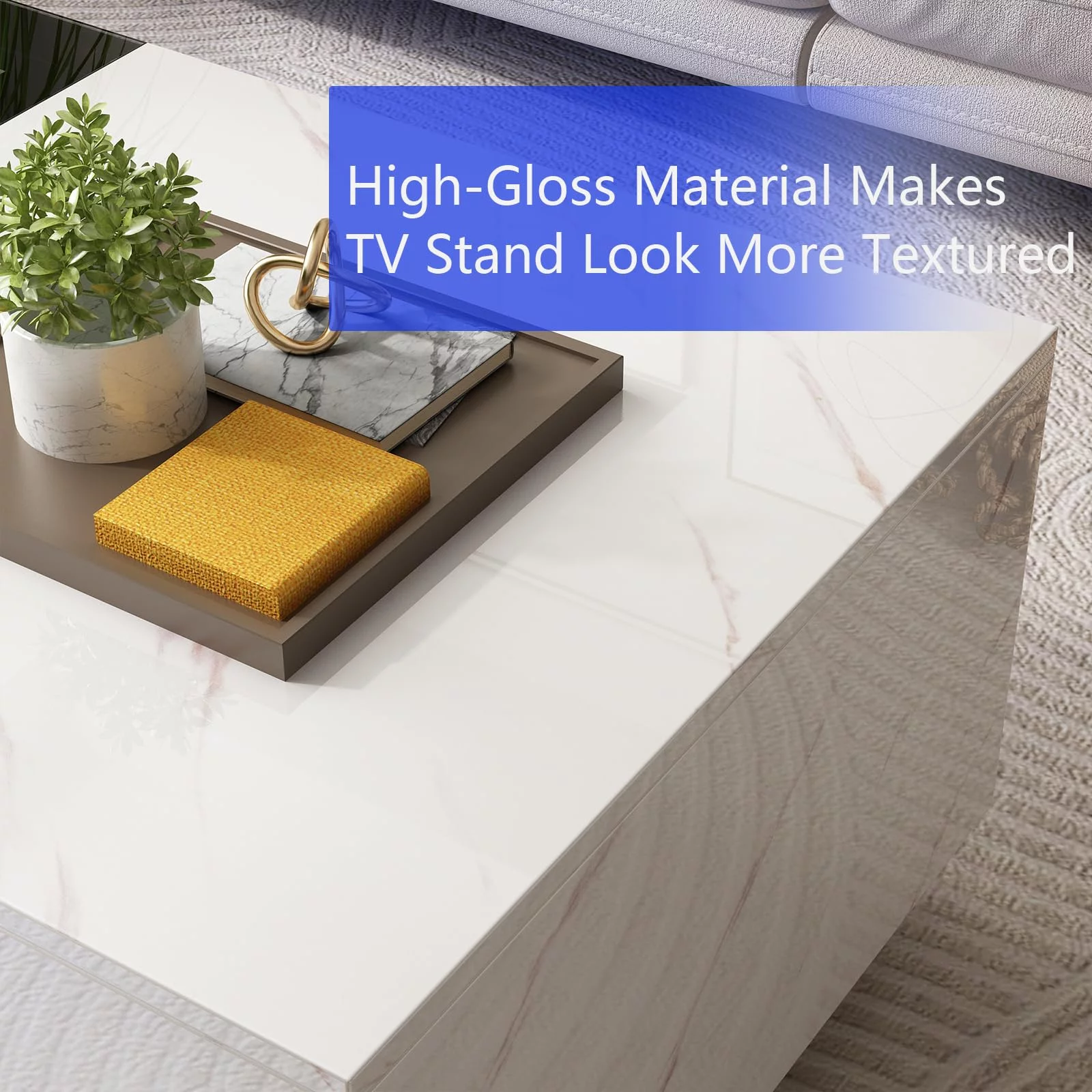 Hlivelood 47.3"Large LED Coffee Table with Storage, White High Gloss Modern Coffee Table with Large Capacity Drawer & Glass shelf, LED Coffee Table for Living Room