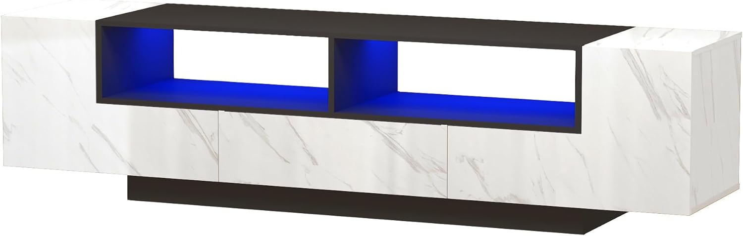 Modern LED TV Stand for 75 Inch TV, 70" Entertainment Center with Storage Cabinets and Open Shelves, High Gloss TV Console Table for Living Room and Bedroom (Black& Marble)