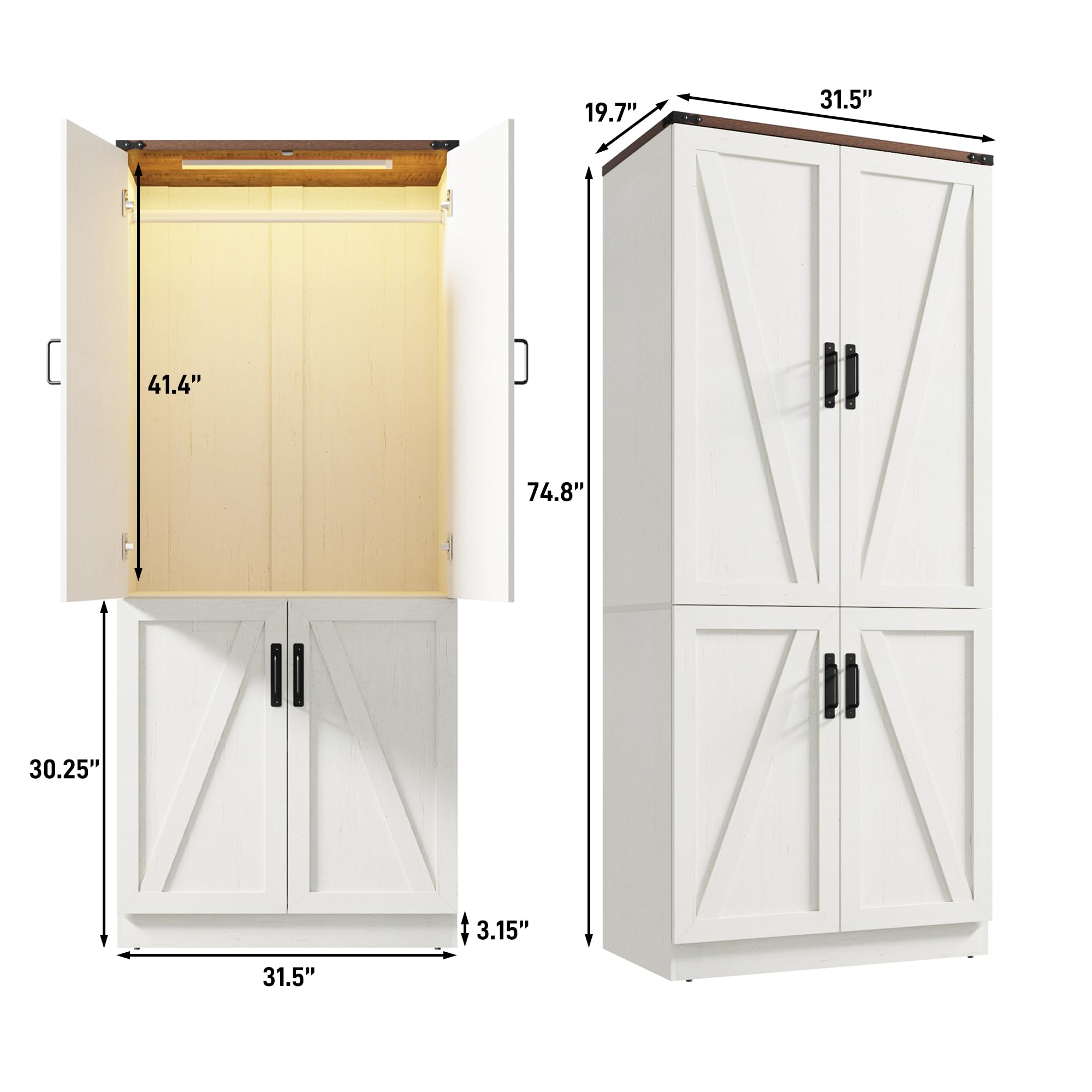 Blotout 75" H Wardrobe Closet with LED Light & 4 Doors