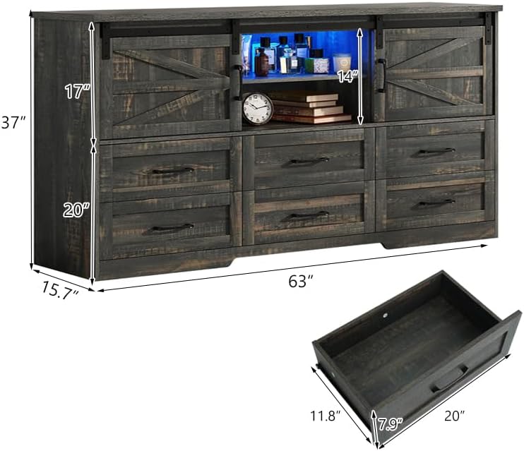 Blotout 63'' LED Farmhouse TV Stand for 70in TV, Dresser TV Stand for Living Room, Farmhouse 6 Drawer Dresser for Bedroom with led light, Tall Entertainment Center Storage Cabinets w/Power Outlets