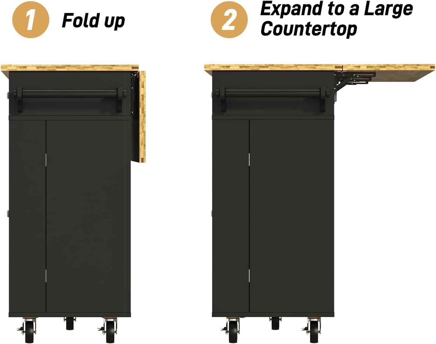 Blotout 55" Rolling Kitchen Island Cart with Drop Leaf Breakfast Bar, Rubber Wood Top – on Wheels with Drawer, Storage Cabinet, Spice & Towel Rack