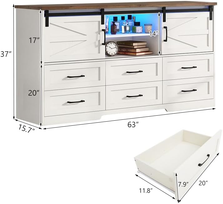 Blotout 63'' LED Farmhouse TV Stand for 70in TV, Dresser TV Stand for Living Room, Farmhouse 6 Drawer Dresser for Bedroom with led light, Tall Entertainment Center Storage Cabinets w/Power Outlets