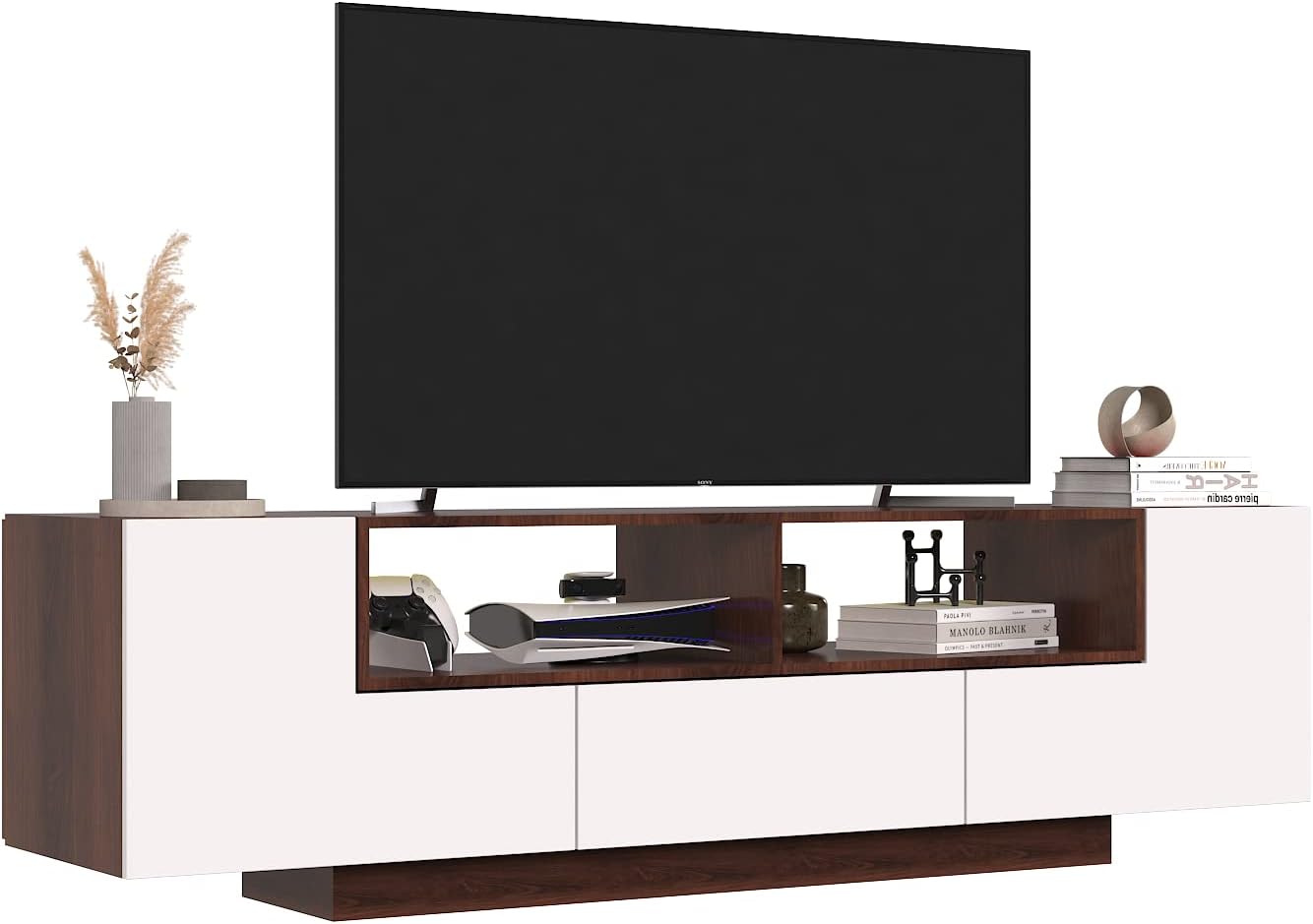 70 Inch LED TV Stand for 75 Inch TV, Large Entertainment Center with Storage Cabinets and Open Shelves, Modern TV Console for Living Room, Bedroom(Walnut& White)