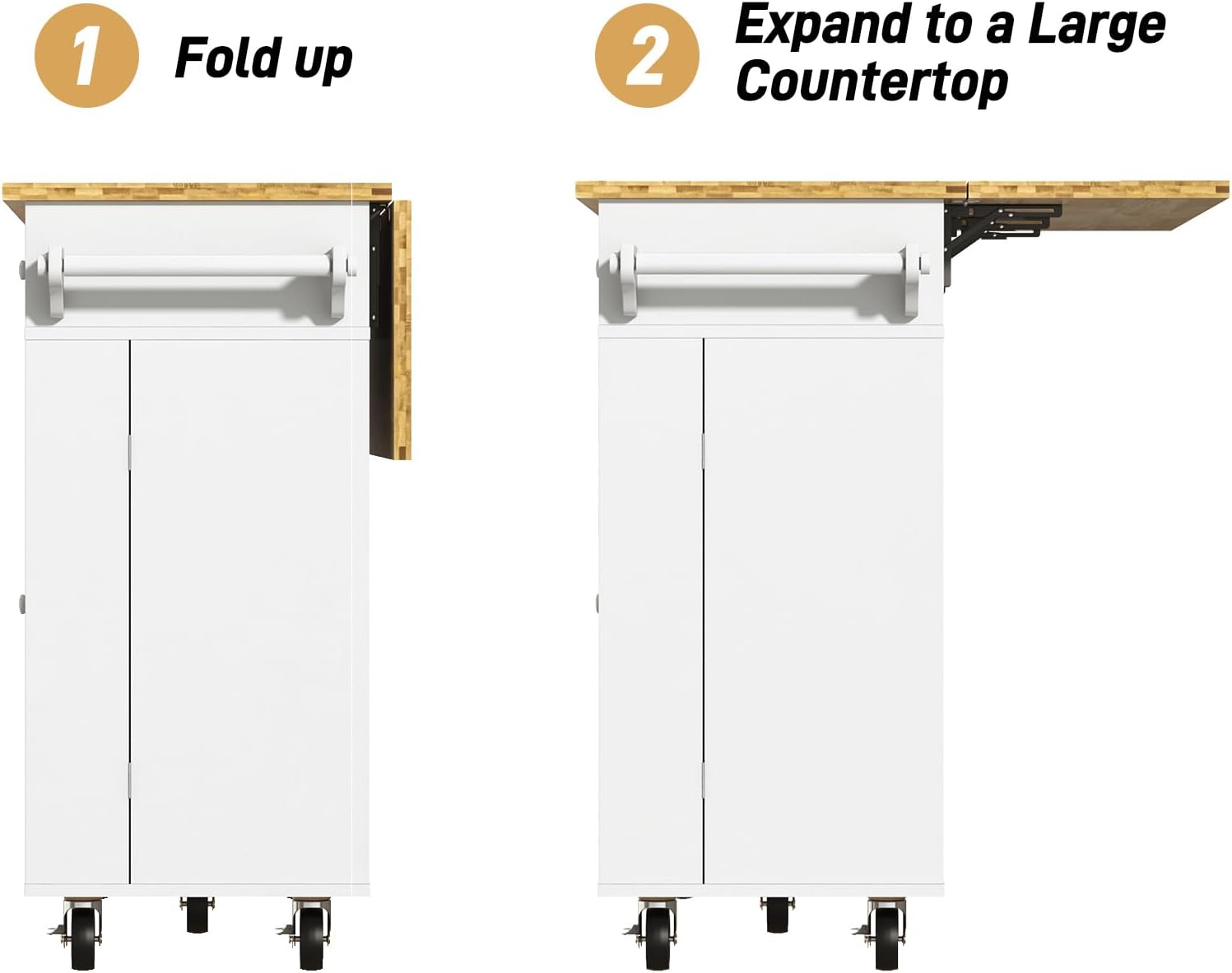 55" Rolling Kitchen Island Cart with Drop Leaf Breakfast Bar, Rubber Wood Top – on Wheels with Drawer, Storage Cabinet, Spice & Towel Rack