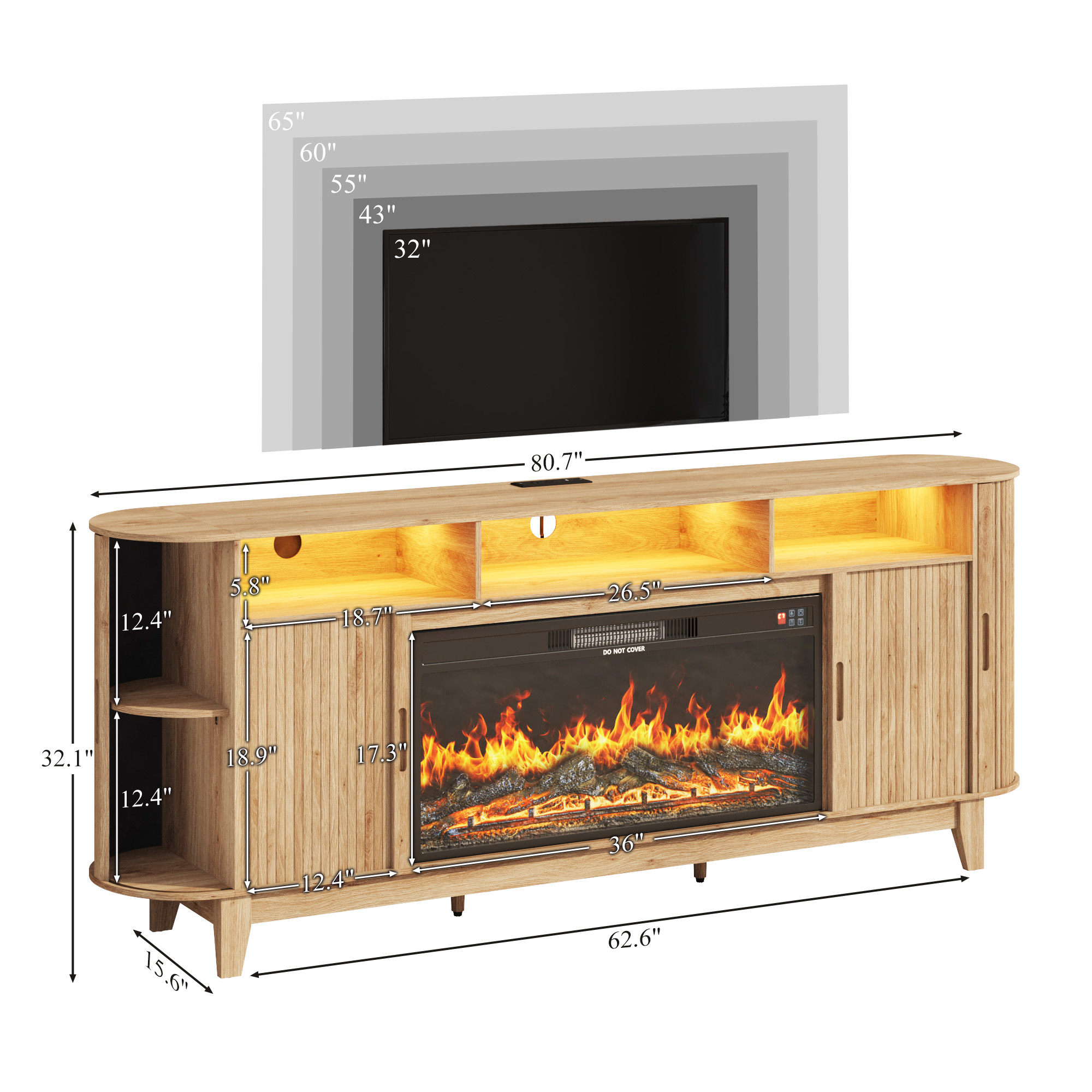 Blotout 81'' LED Fireplace TV Stand with 36'' Fireplace & Power Outlet for 85/90''TV, Modern Entertainment Center with Fluted Sliding Door & Curved Side Cabinets, Wooden Media Console for Living Room
