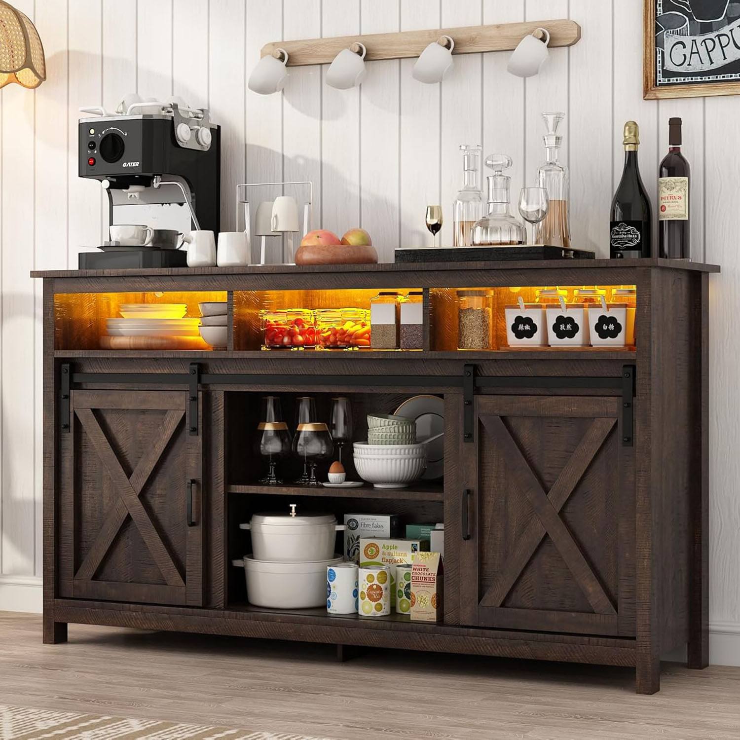 Farmhouse Coffee Bar Cabinet with LED Lights & Charging Station