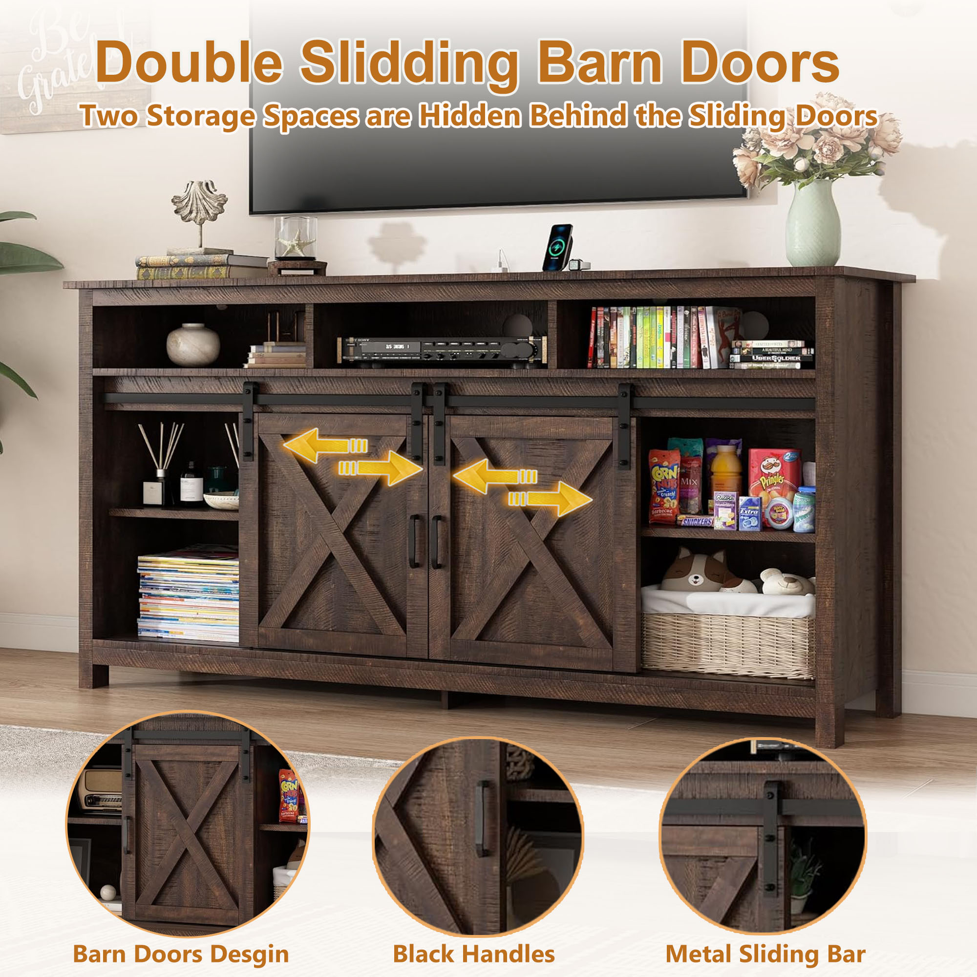 Farmhouse Coffee Bar Cabinet with LED Lights & Charging Station
