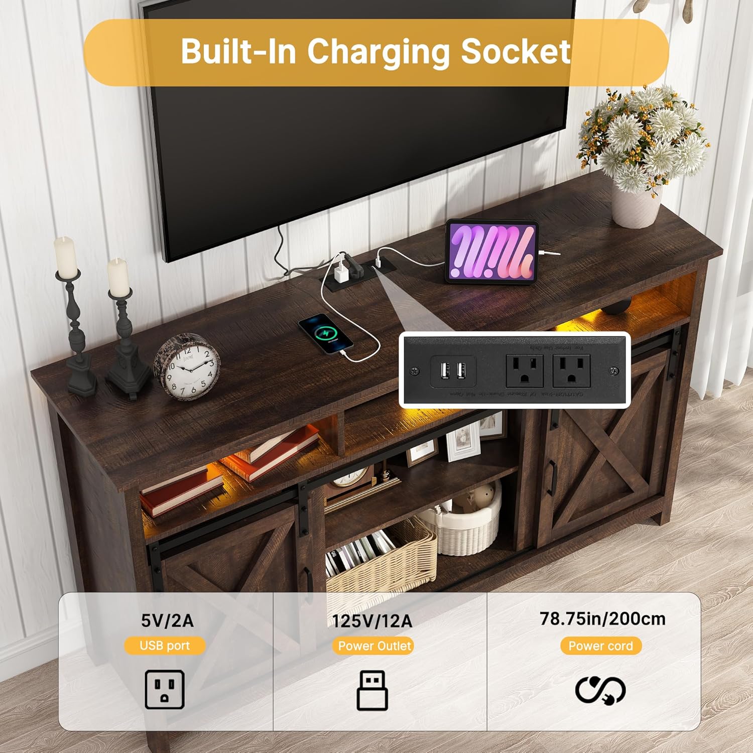 Farmhouse Coffee Bar Cabinet with LED Lights & Charging Station