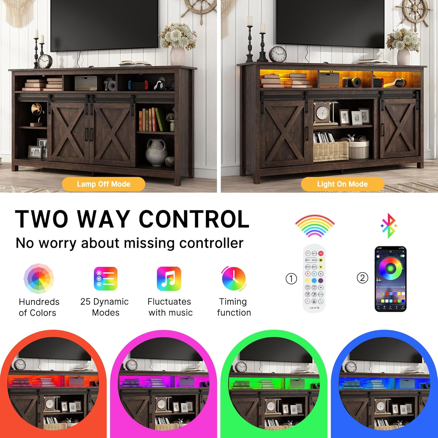Farmhouse Coffee Bar Cabinet with LED Lights & Charging Station