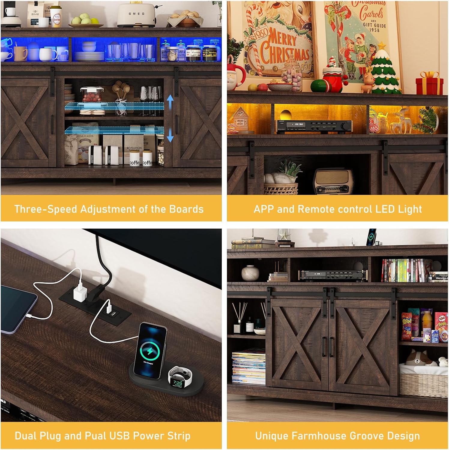 Farmhouse Coffee Bar Cabinet with LED Lights & Charging Station