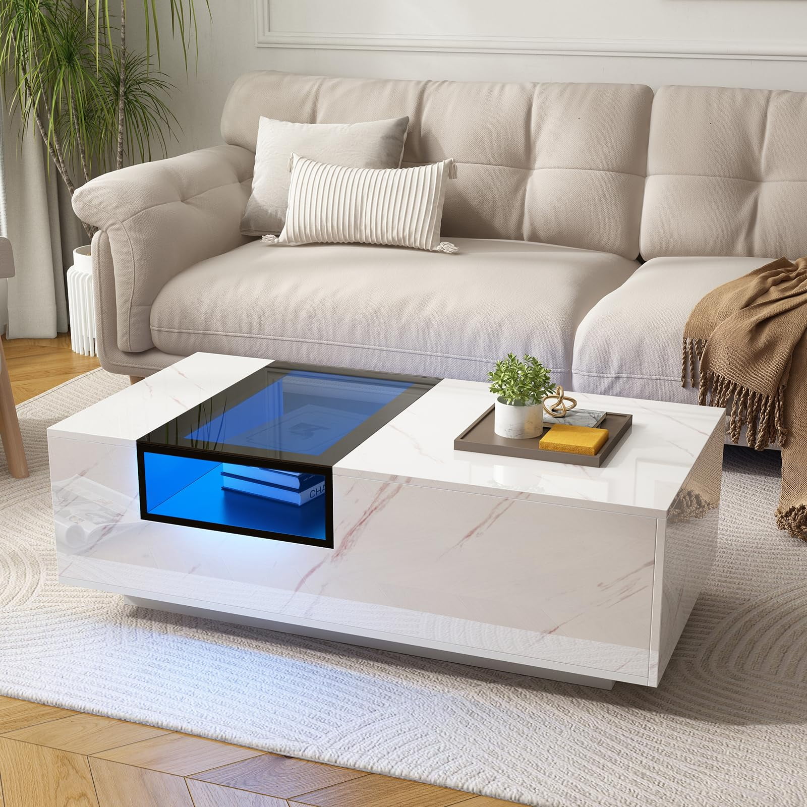 Hlivelood 47.3"Large LED Coffee Table with Storage, White High Gloss Modern Coffee Table with Large Capacity Drawer & Glass shelf, LED Coffee Table for Living Room