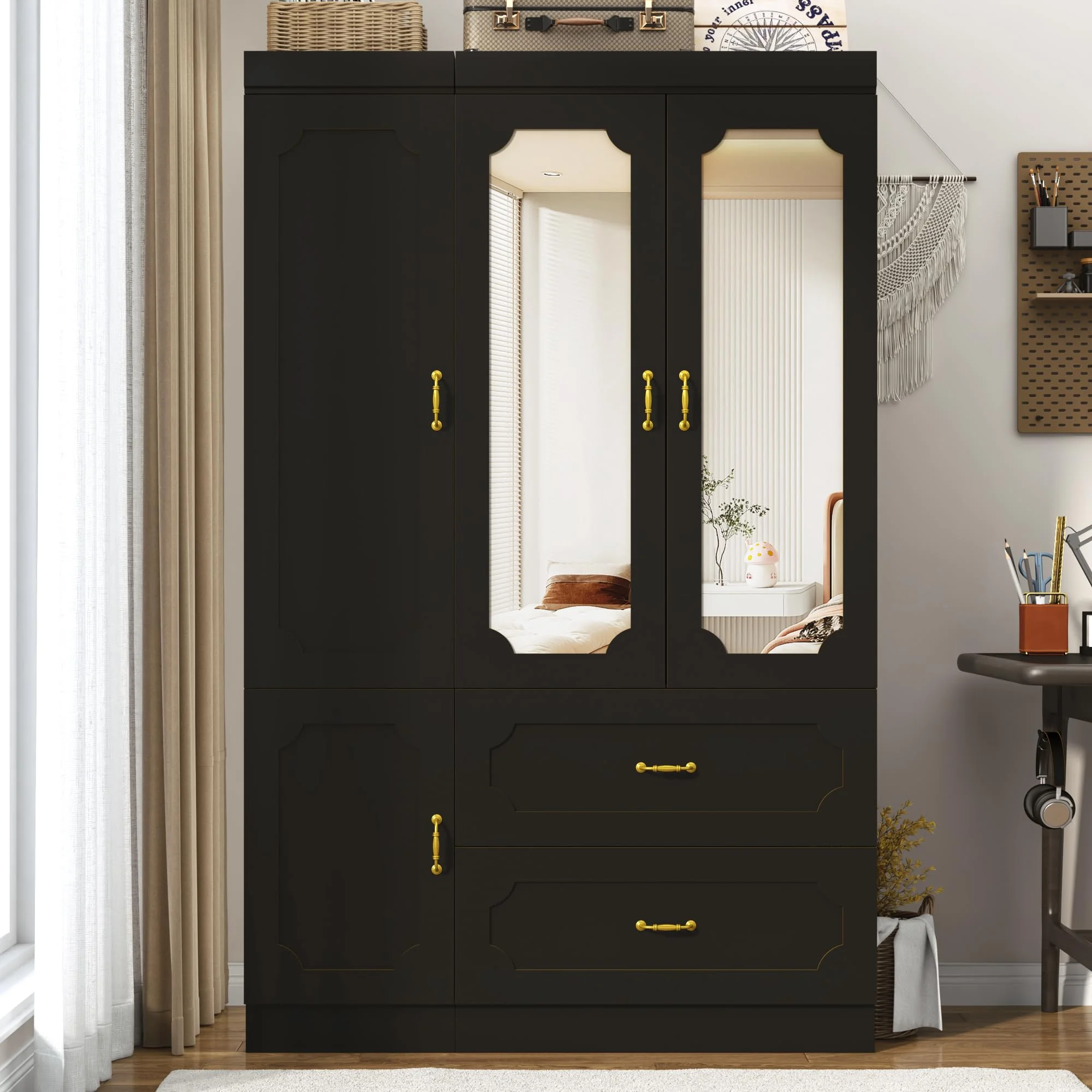 75"H 3 Doors Armoire Wardrobe Closet with Mirror and LED Lights, LED Clothing Storage Cabinet with Hanging Rod and Drawers, Modern Wooden Wardrobe Cabinet for Bedroom