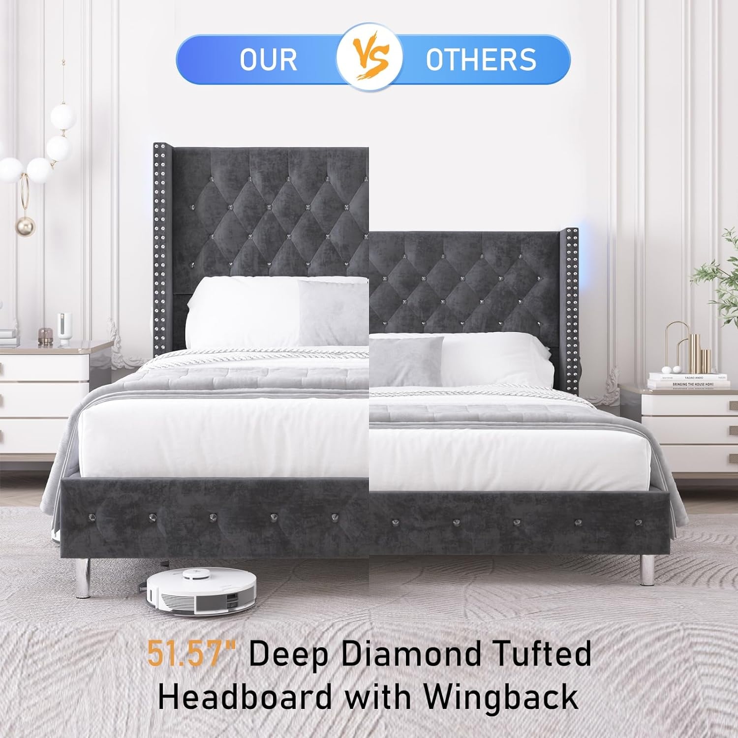 Queen LED Upholstered Bed Frame with Wingback Headboard, Velvet Diamond Button Tufted Bed Frame USB & Type-C Ports and Side Pockets, Wood Slats Support, No Box Spring Needed