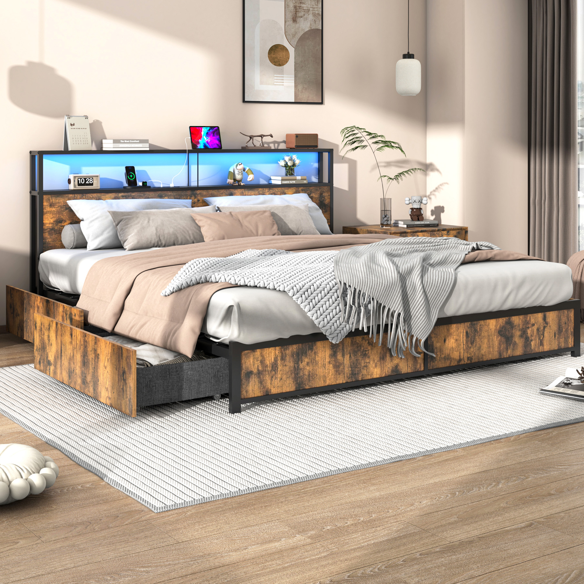 LED Bed Frame with Storage - 2 Tier Headboard and 4 Drawers