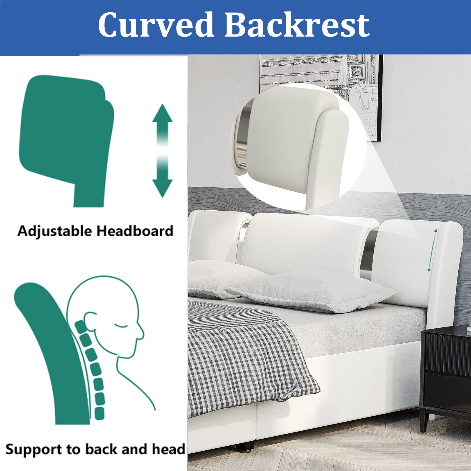 Faux Leather Bed Frame with LED Light Headboard, Modern Platform Bed Frame Deluxe Upholstered Bed with Curved Backrest