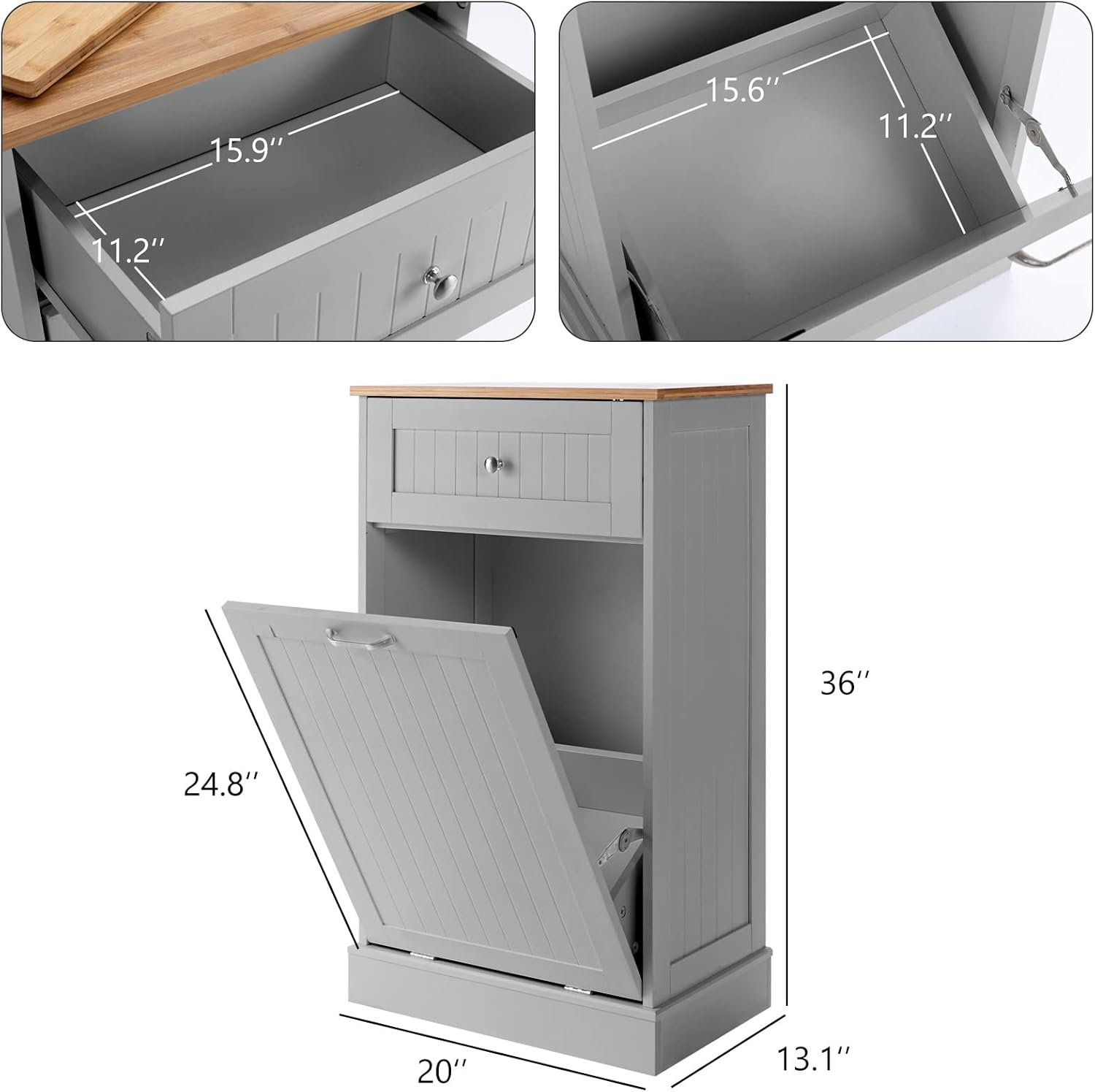 Hlivelood Double Trash Cabinet Tilt Out 20 Gallon, Pet Proof Kitchen Trash Cabinet Laundry Hamper with Cutting Board, Wood Garbage Recycling Station Hideaway Trash Holder Drawers