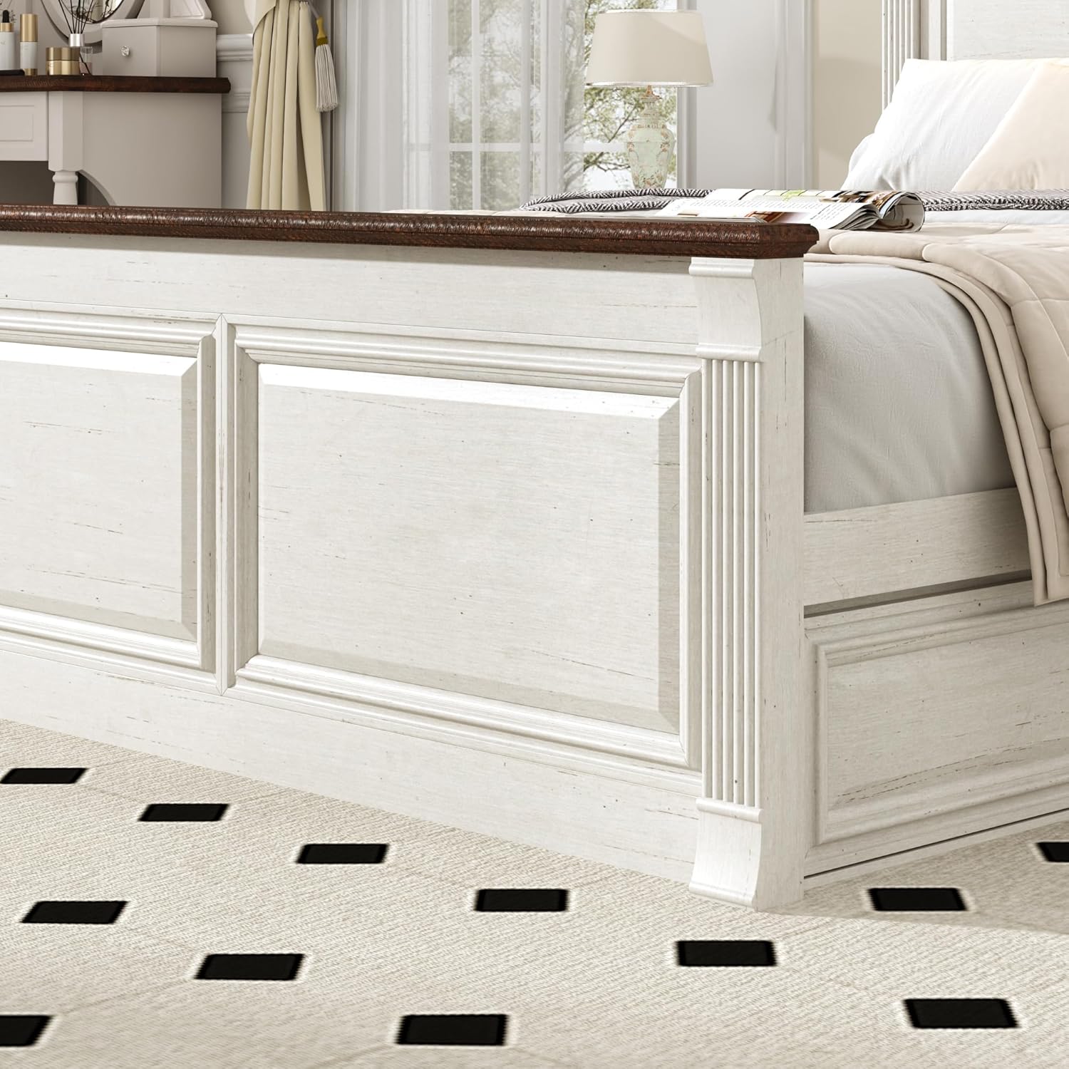 Blotout Farmhouse King Size Bed Frame with 55" Tall Storage Bookcase Headboard & 4 Drawers, Wood Platform Bed Frame with 24" Roman Colum Footboard, LED Light, Charging Station, No Box Spring Needed