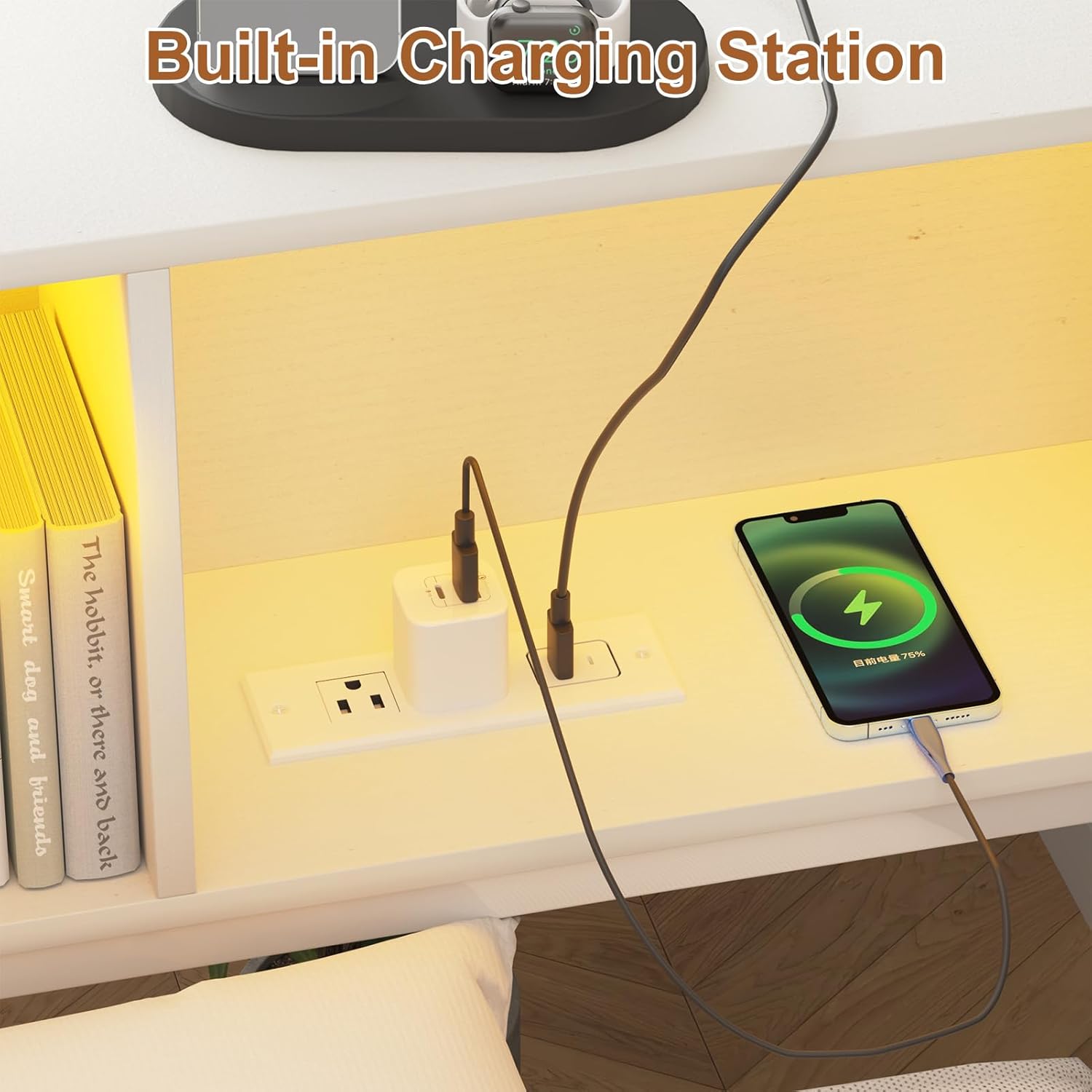 Blotout Twin Corner Bed Frame with Bookcase Headboard and Storage Drawers, Twin Metal Platform Bed Frame with Charging Station and LED Lights, Twin Size Daybed for Living Room, Bedroom and Guest Room