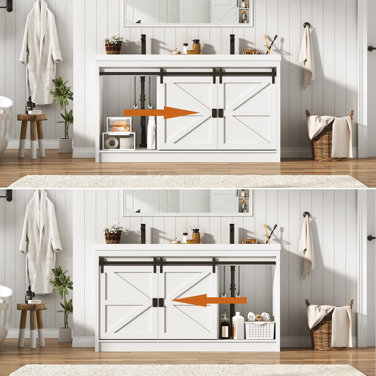 Blotout Double Bathroom Vanity with Sink & Faucet & Sewer Pipes, 59" Farmhouse Bathroom Vanity Cabinet Set with Sliding Barn Door & 3 Drawers, Freestanding Bath Storage Vanity Sink