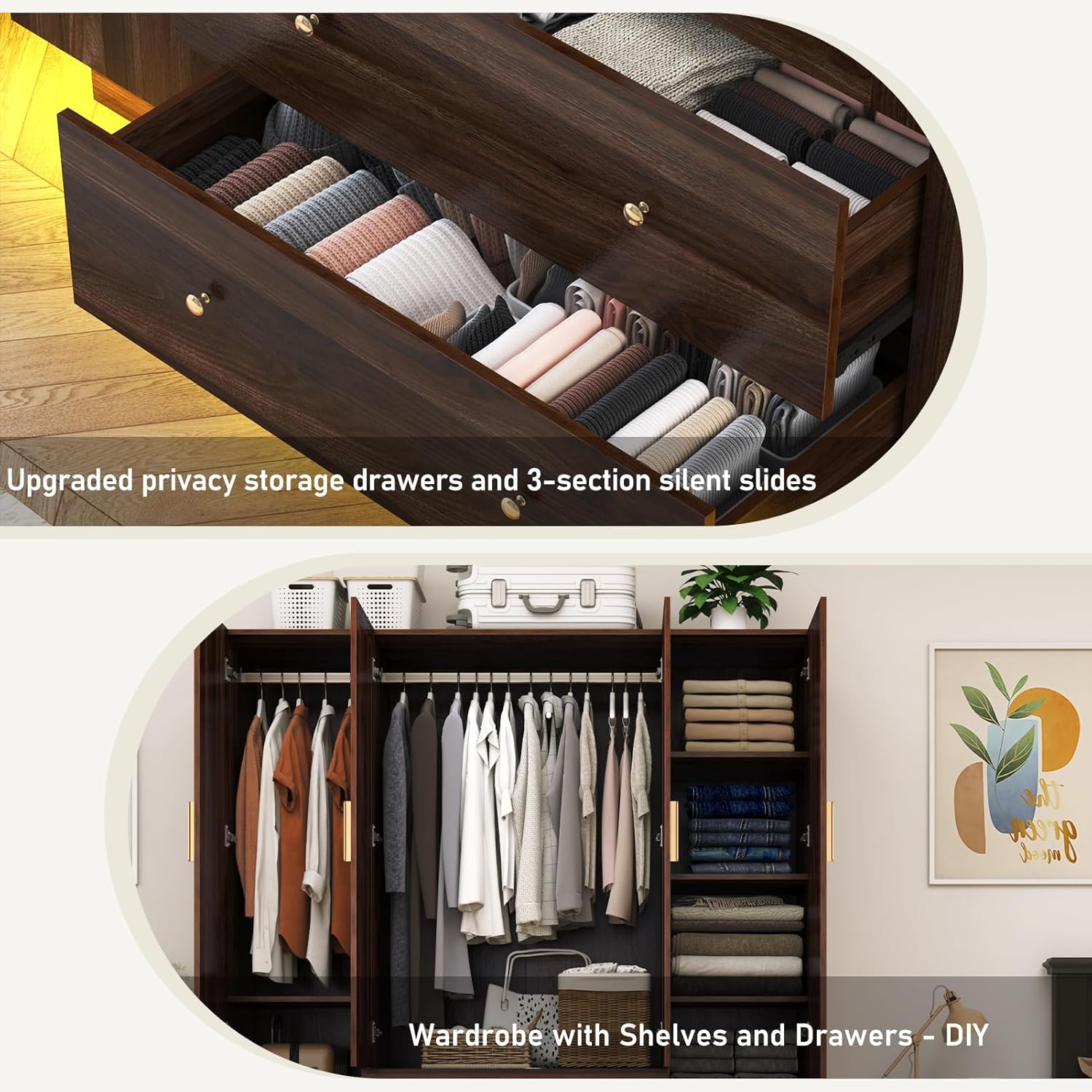 Blotout 70" Armoire Wardrobe Closet with Mirror, LED Wardrobe Armoire with 2 Drawers, 4 Door Wood Armoire Storage with Hanging Rods and Multi-Layer Shelves