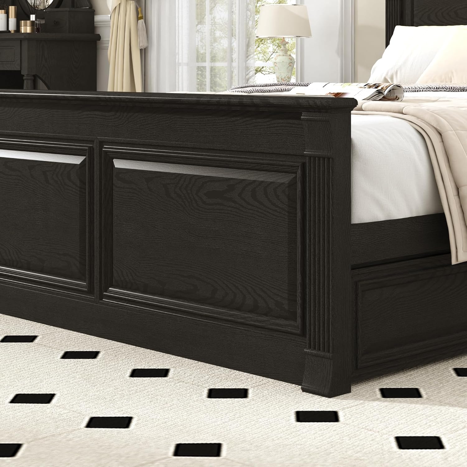 Blotout Farmhouse King Size Bed Frame with 55" Tall Storage Bookcase Headboard & 4 Drawers, Wood Platform Bed Frame with 24" Roman Colum Footboard, LED Light, Charging Station, No Box Spring Needed