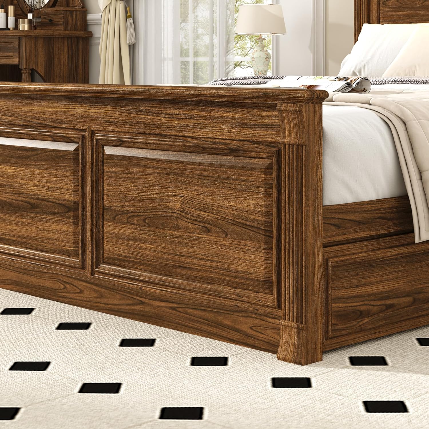 Blotout Farmhouse King Size Bed Frame with 55" Tall Storage Bookcase Headboard & 4 Drawers, Wood Platform Bed Frame with 24" Roman Colum Footboard, LED Light, Charging Station, No Box Spring Needed