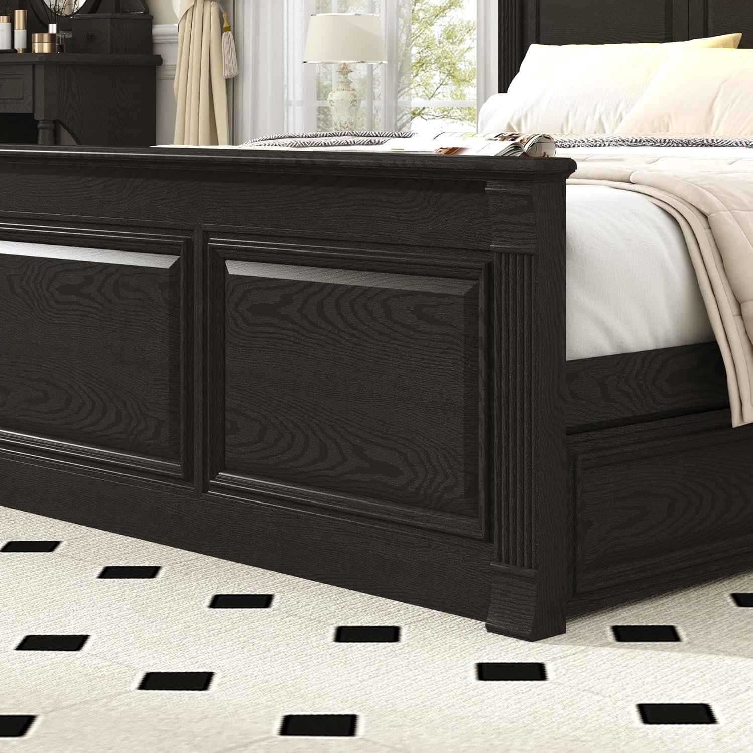 Blotout Farmhouse King Size Bed Frame with 55" Tall Storage Bookcase Headboard & 4 Drawers, Wood Platform Bed Frame with 24" Roman Colum Footboard, LED Light, Charging Station, No Box Spring Needed
