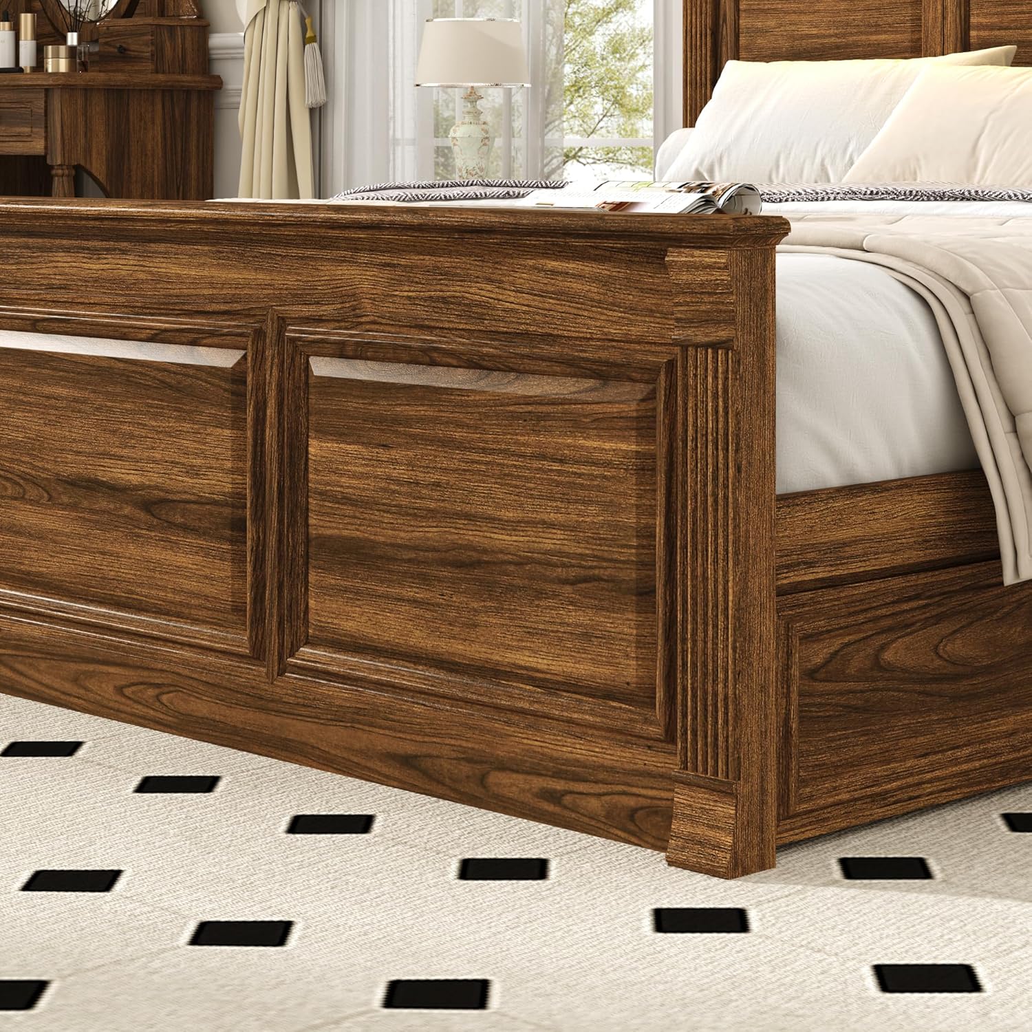 Blotout Farmhouse King Size Bed Frame with 55" Tall Storage Bookcase Headboard & 4 Drawers, Wood Platform Bed Frame with 24" Roman Colum Footboard, LED Light, Charging Station, No Box Spring Needed