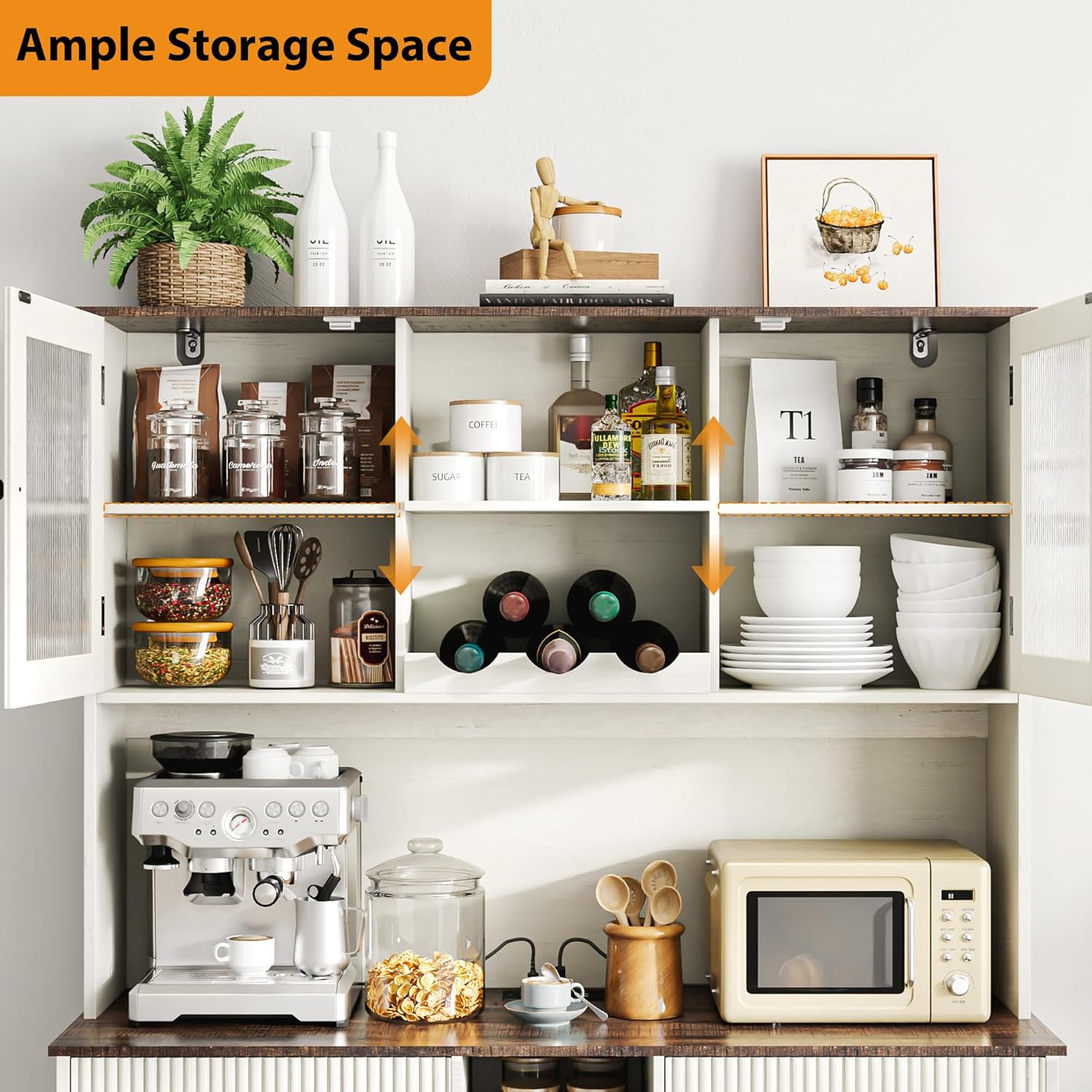 Blotout 47" Wide Kitchen Pantry Storage Cabinet with Charging Station & Microwave Stand, Tall Fluted Kitchen Hutch Cabinet, Double Tilt Out Trash Can Cabinet 10X2 Gallon