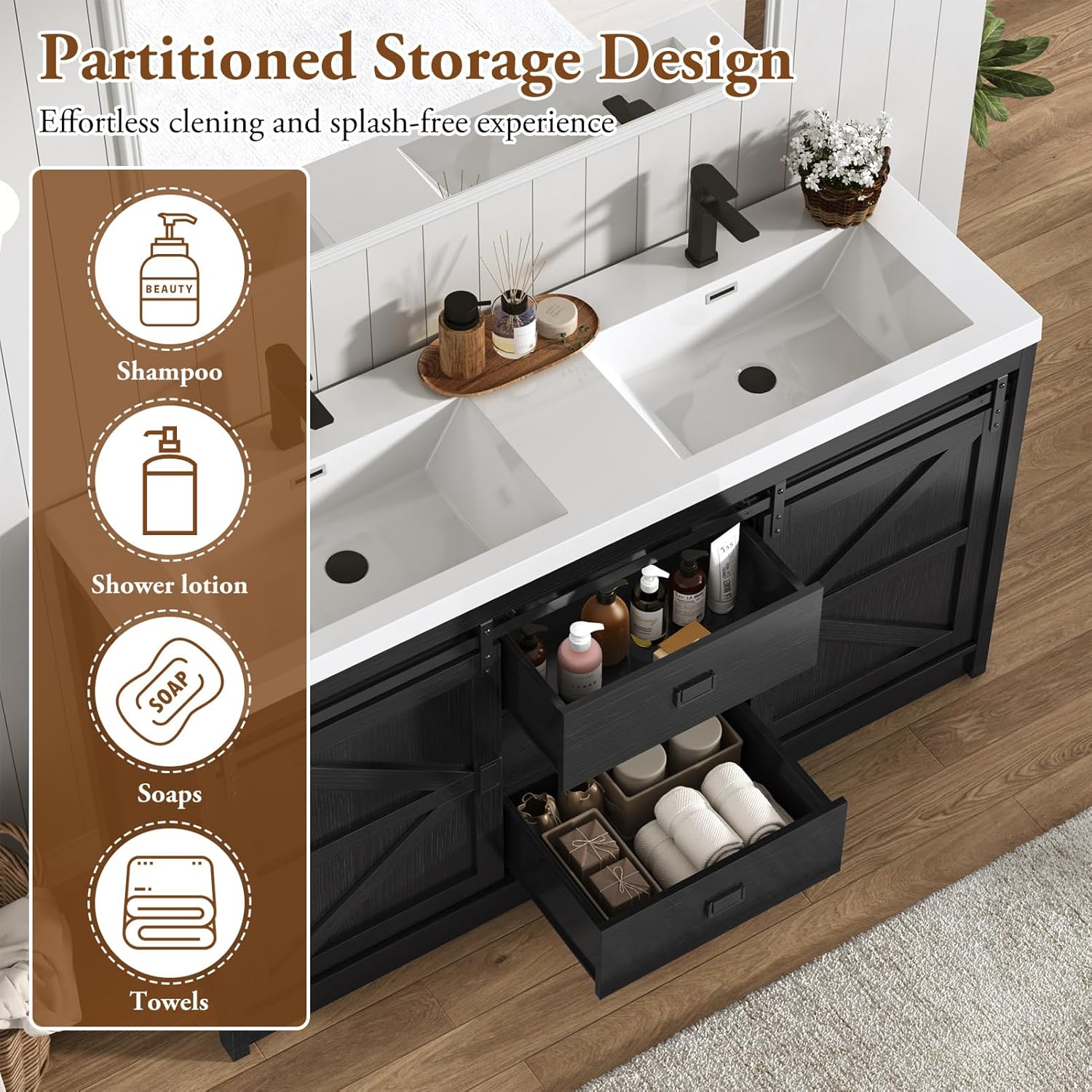 Blotout Double Bathroom Vanity with Sink & Faucet & Sewer Pipes, 59" Farmhouse Bathroom Vanity Cabinet Set with Sliding Barn Door & 3 Drawers, Freestanding Bath Storage Vanity Sink