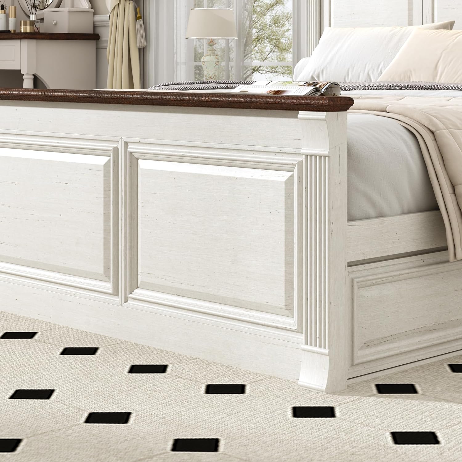 Blotout Farmhouse King Size Bed Frame with 55" Tall Storage Bookcase Headboard & 4 Drawers, Wood Platform Bed Frame with 24" Roman Colum Footboard, LED Light, Charging Station, No Box Spring Needed