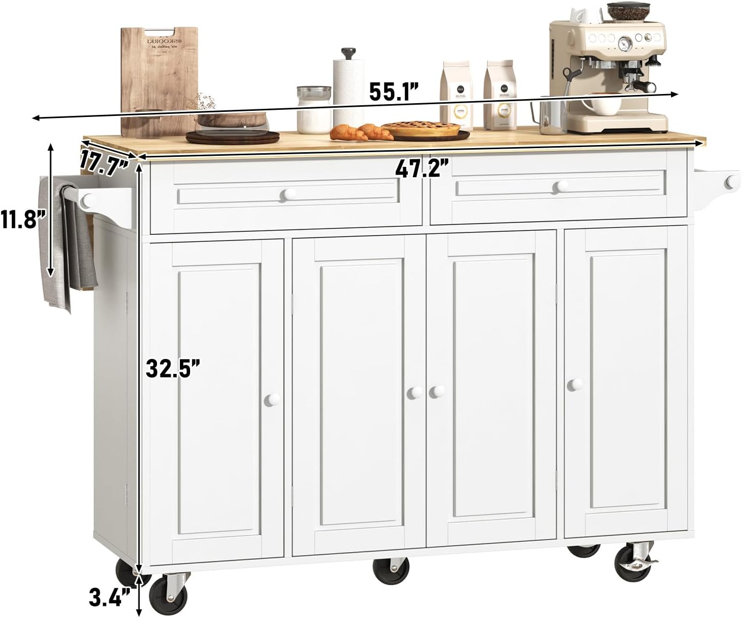 Blotout 55" Rolling Kitchen Island Cart with Drop Leaf Breakfast Bar, Rubber Wood Top – on Wheels with Drawer, Storage Cabinet, Spice & Towel Rack