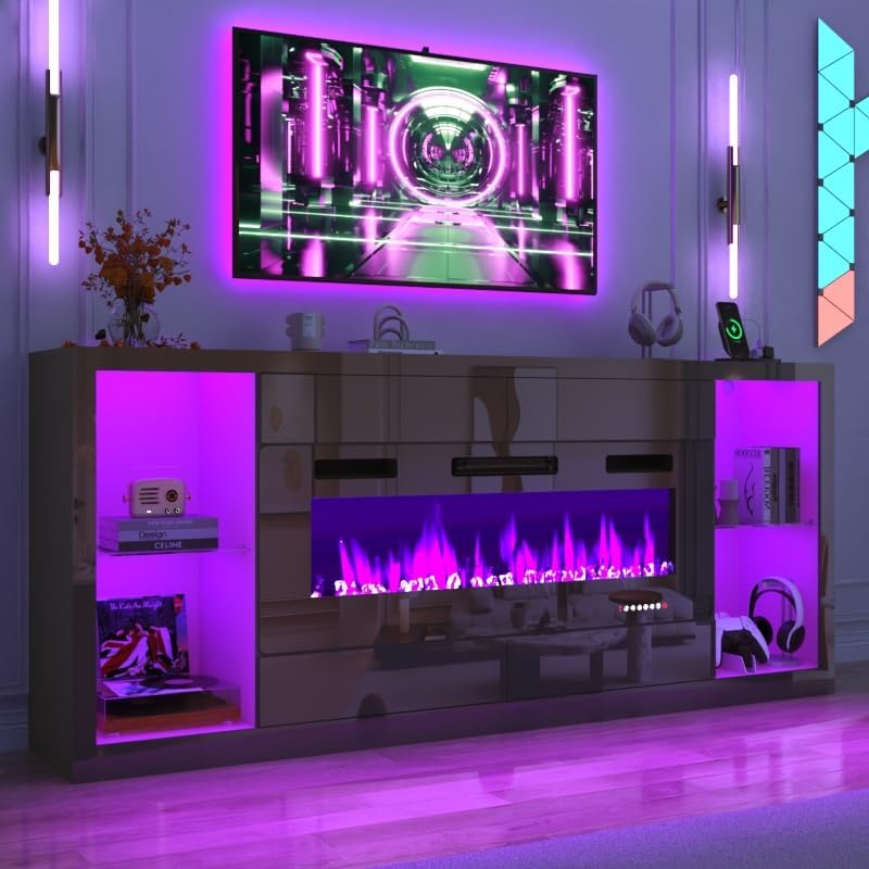 Blotout 82'' Fireplace TV Stand for 90/95''TV with 50'' Fireplace, LED Modern High Gloss Entertainment Center with Power Outlet, 4 Drawers, Adjustable Shelf, 2-Tier TV Console Cabinet, Black