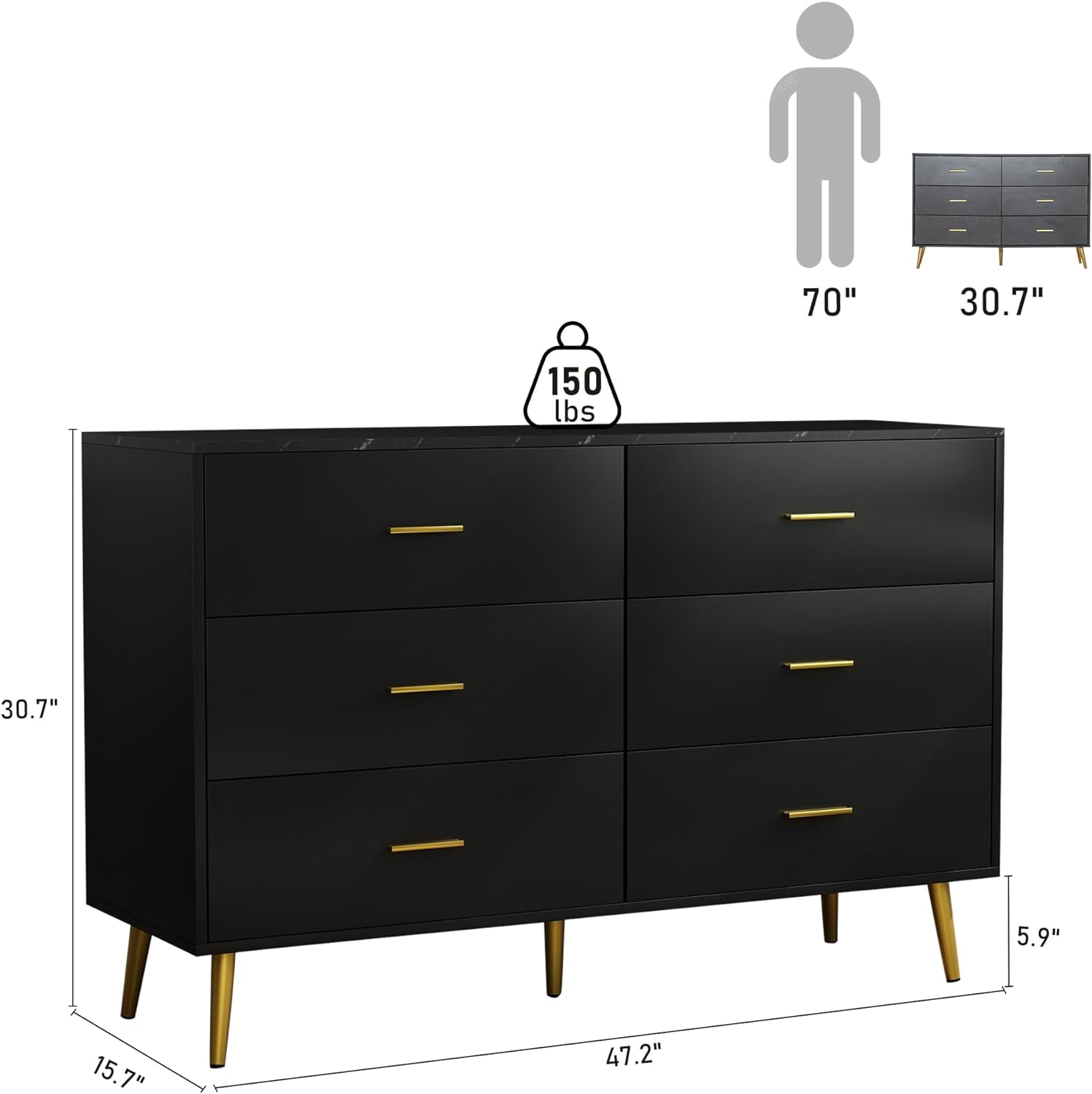 7 Drawer Dresser For Bedroom, 55-inch Marble and Gold Dresser Chest of Drawers Wood Bedroom Organizer