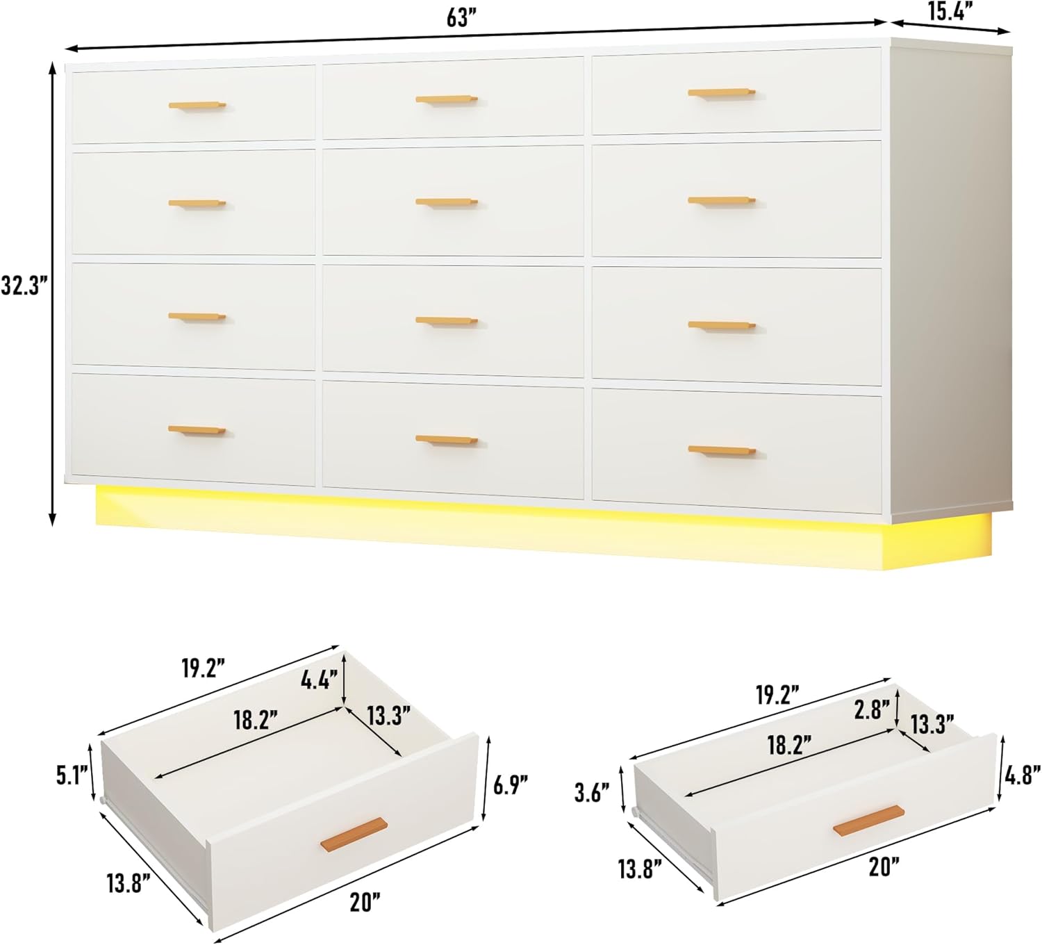 Blotout 12 Drawers Dresser w/Power Outlet, 60000 Colors Lights, 63''Long Wooden Dresser Chest w/Anti-toppling Design, Metal Handles Dresser for Living Room, Hallway, Entryway, Bedroom