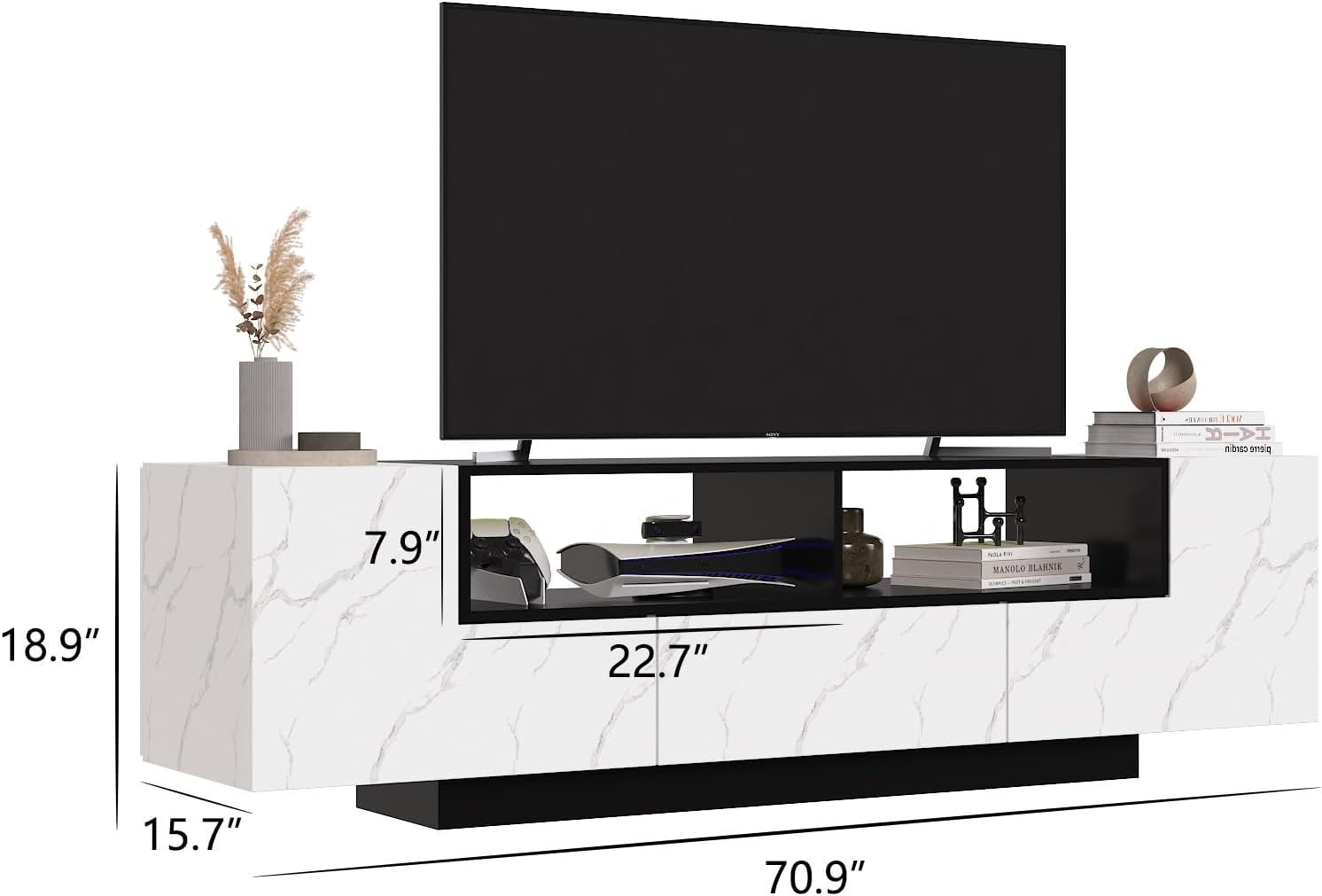 70 Inch LED TV Stand for 75 Inch TV, Large Entertainment Center with Storage Cabinets and Open Shelves, Modern TV Console for Living Room, Bedroom(Walnut& White)