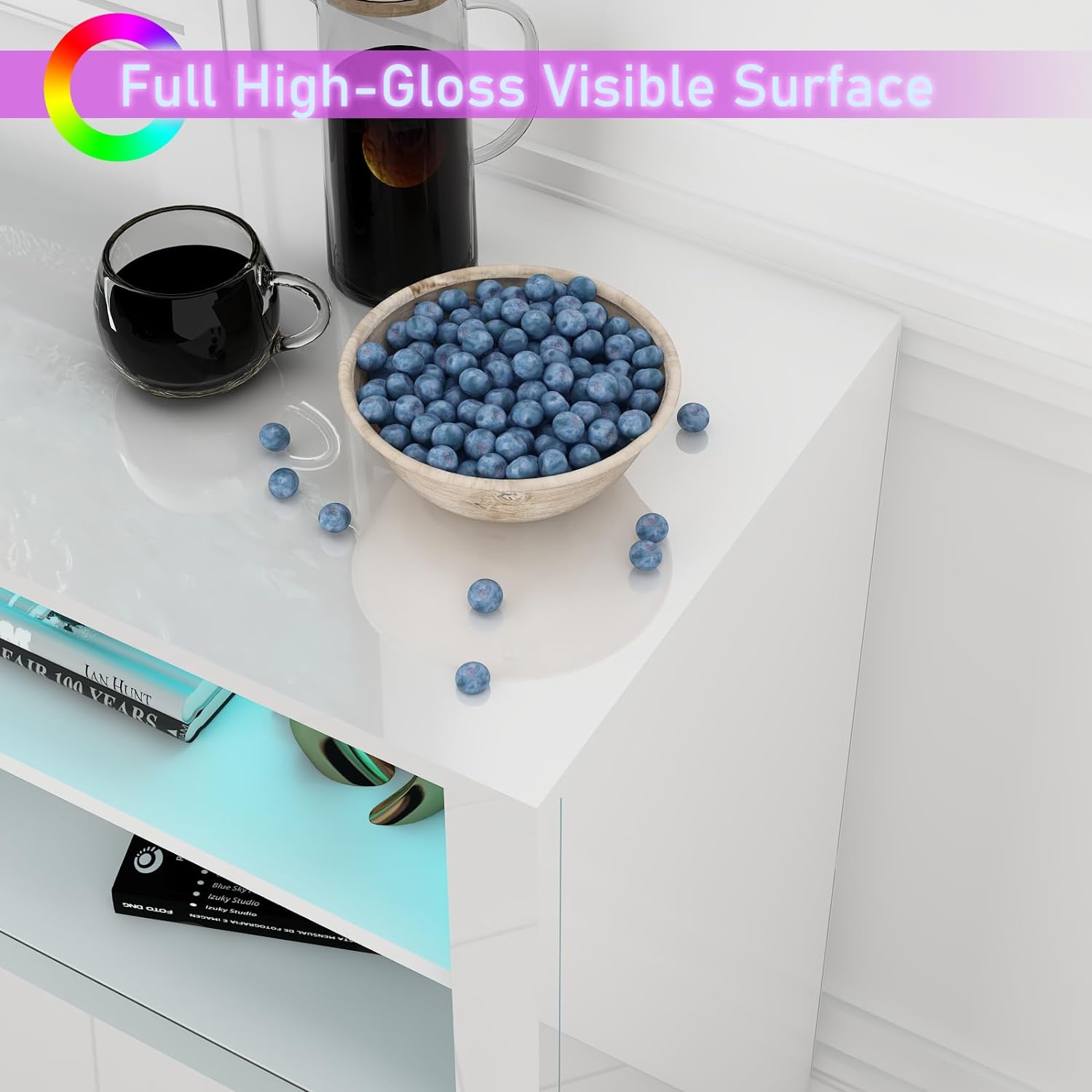 70 Inch LED TV Stand for 75/80/85 Inch TV,Modern Gaming Entertainment Center with Storage Shelves and Doors,High Gloss TV Media Console for Living Room,RGB LED Lights,Black