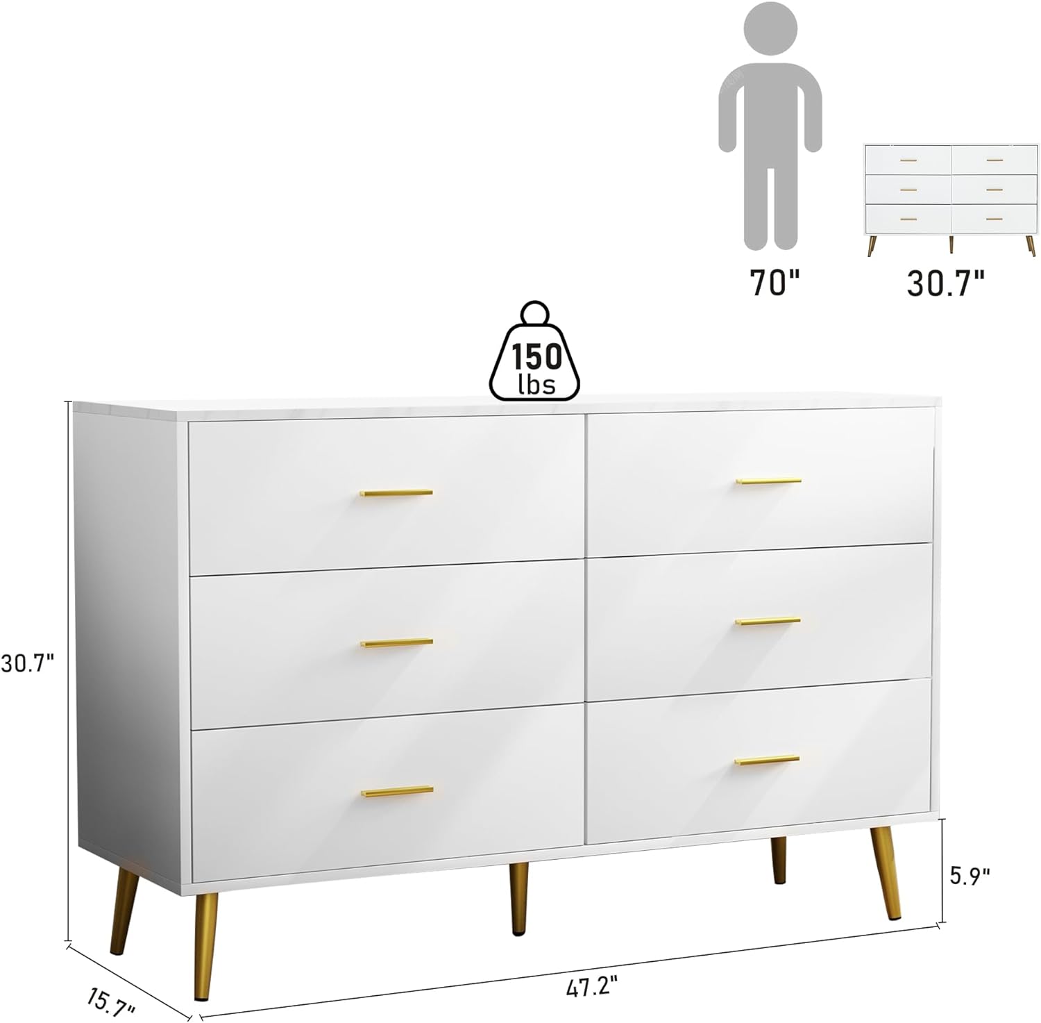 7 Drawer Dresser For Bedroom, 55-inch Marble and Gold Dresser Chest of Drawers Wood Bedroom Organizer