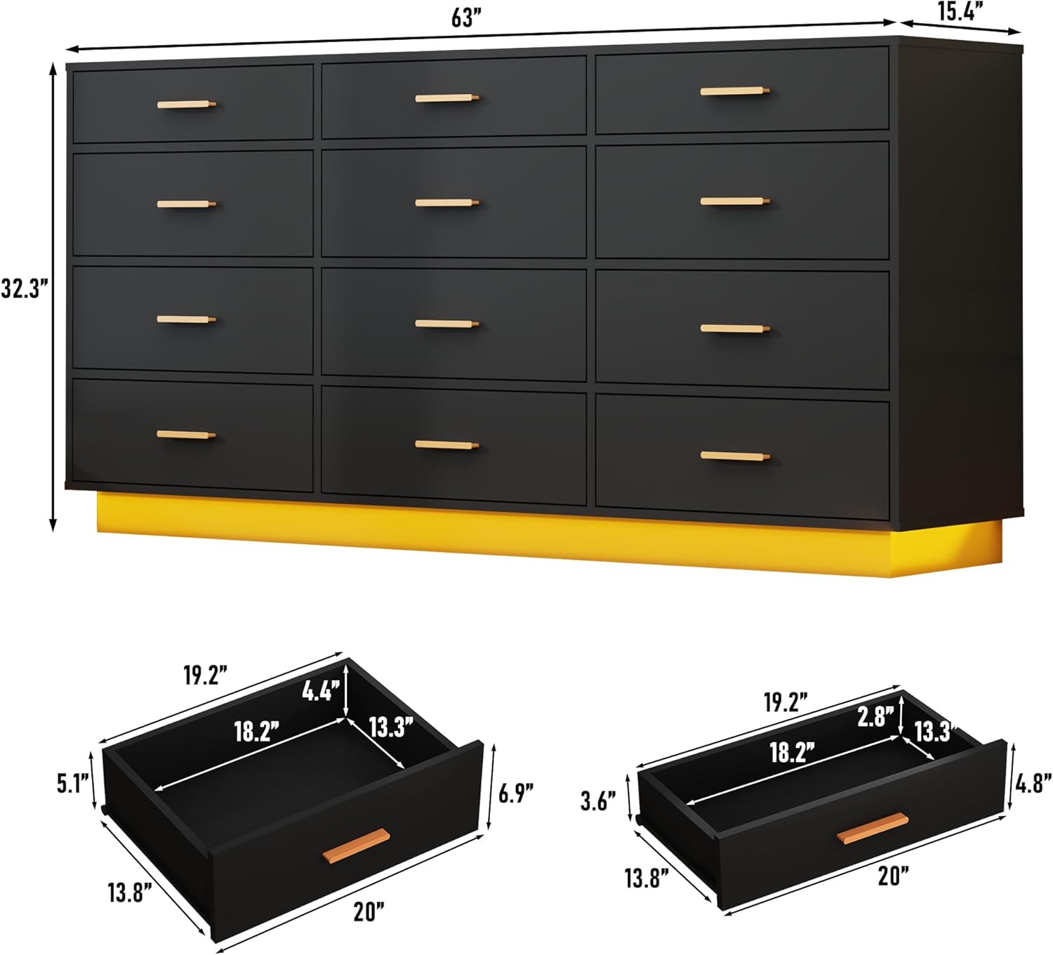 Blotout 12 Drawers Dresser w/Power Outlet, 60000 Colors Lights, 63''Long Wooden Dresser Chest w/Anti-toppling Design, Metal Handles Dresser for Living Room, Hallway, Entryway, Bedroom