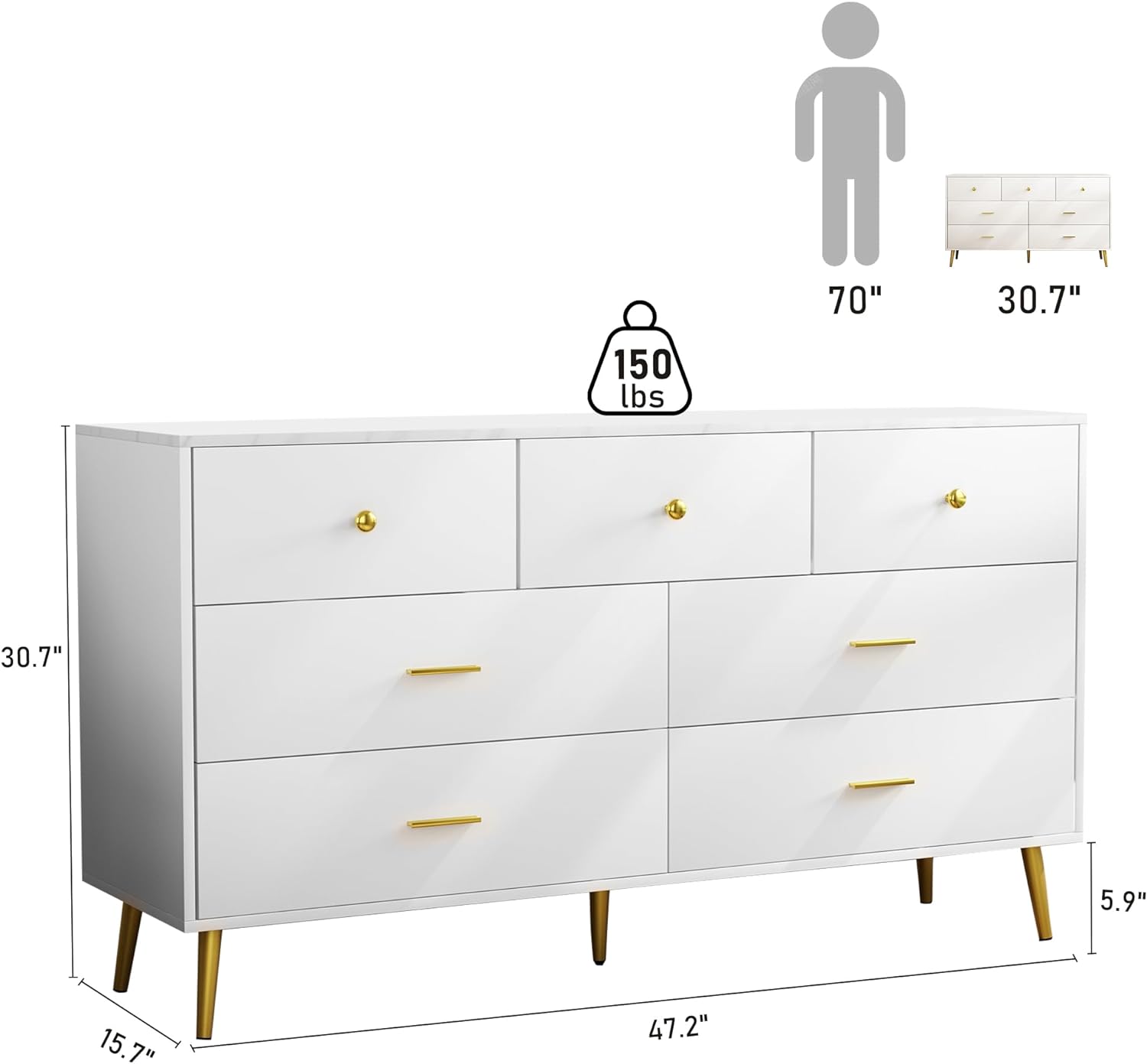 7 Drawer Dresser For Bedroom, 55-inch Marble and Gold Dresser Chest of Drawers Wood Bedroom Organizer