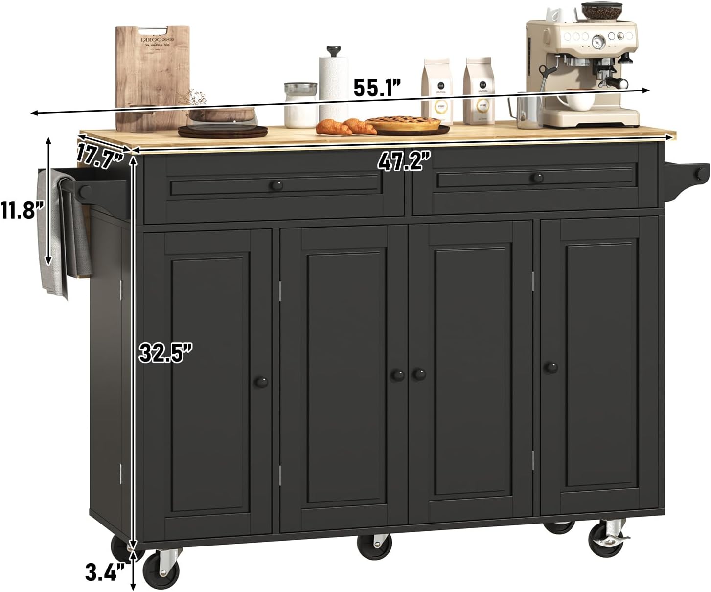 Blotout 55" Rolling Kitchen Island Cart with Drop Leaf Breakfast Bar, Rubber Wood Top – on Wheels with Drawer, Storage Cabinet, Spice & Towel Rack