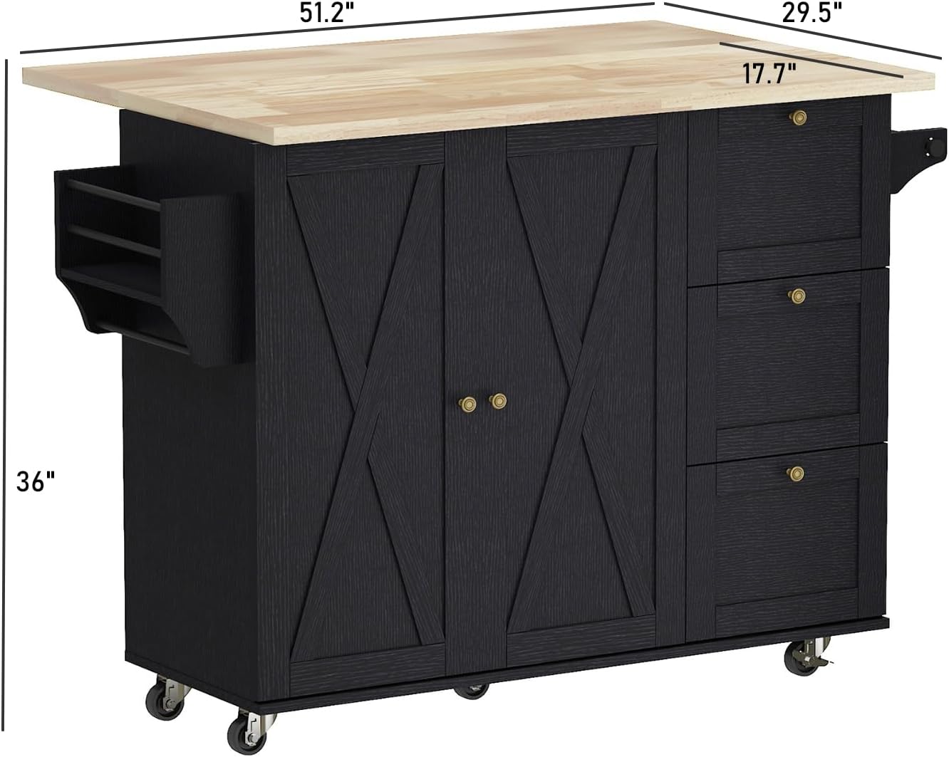 Kitchen Island Cart with Solid Wood Top and Drop Leaf, Rolling Mobile Kitchen Island Table on Wheels with Drawer and Spice Rack, Towel Rack(Black)