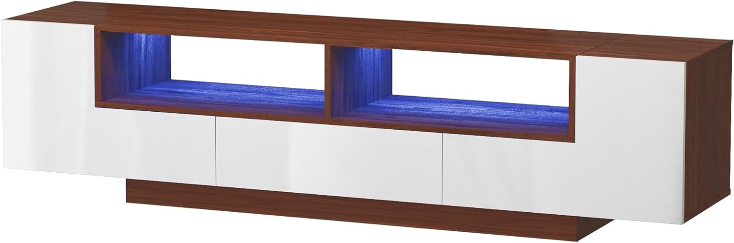 Modern LED TV Stand for 75 Inch TV, 70" Entertainment Center with Storage Cabinets and Open Shelves, High Gloss TV Console Table for Living Room and Bedroom (Black& Marble)