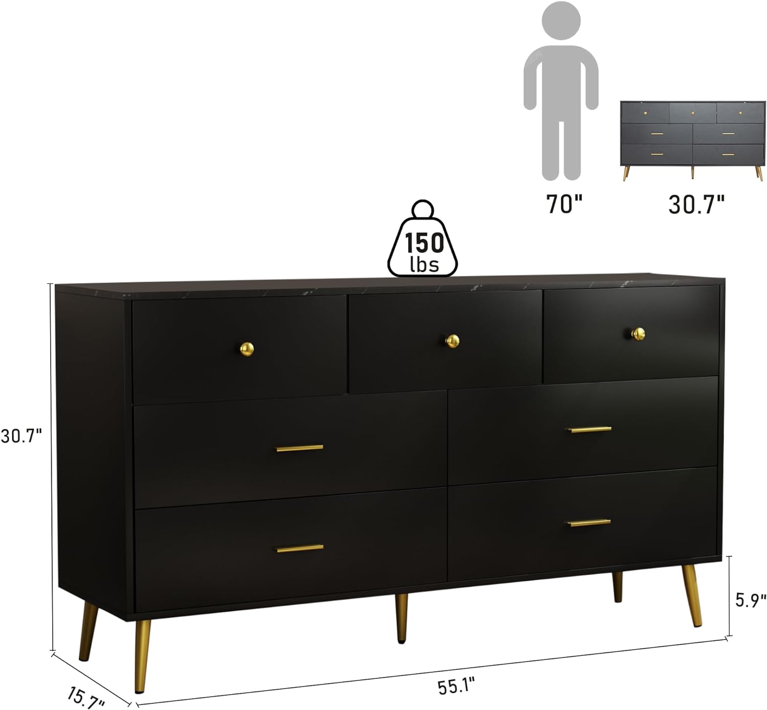 7 Drawer Dresser For Bedroom, 55-inch Marble and Gold Dresser Chest of Drawers Wood Bedroom Organizer