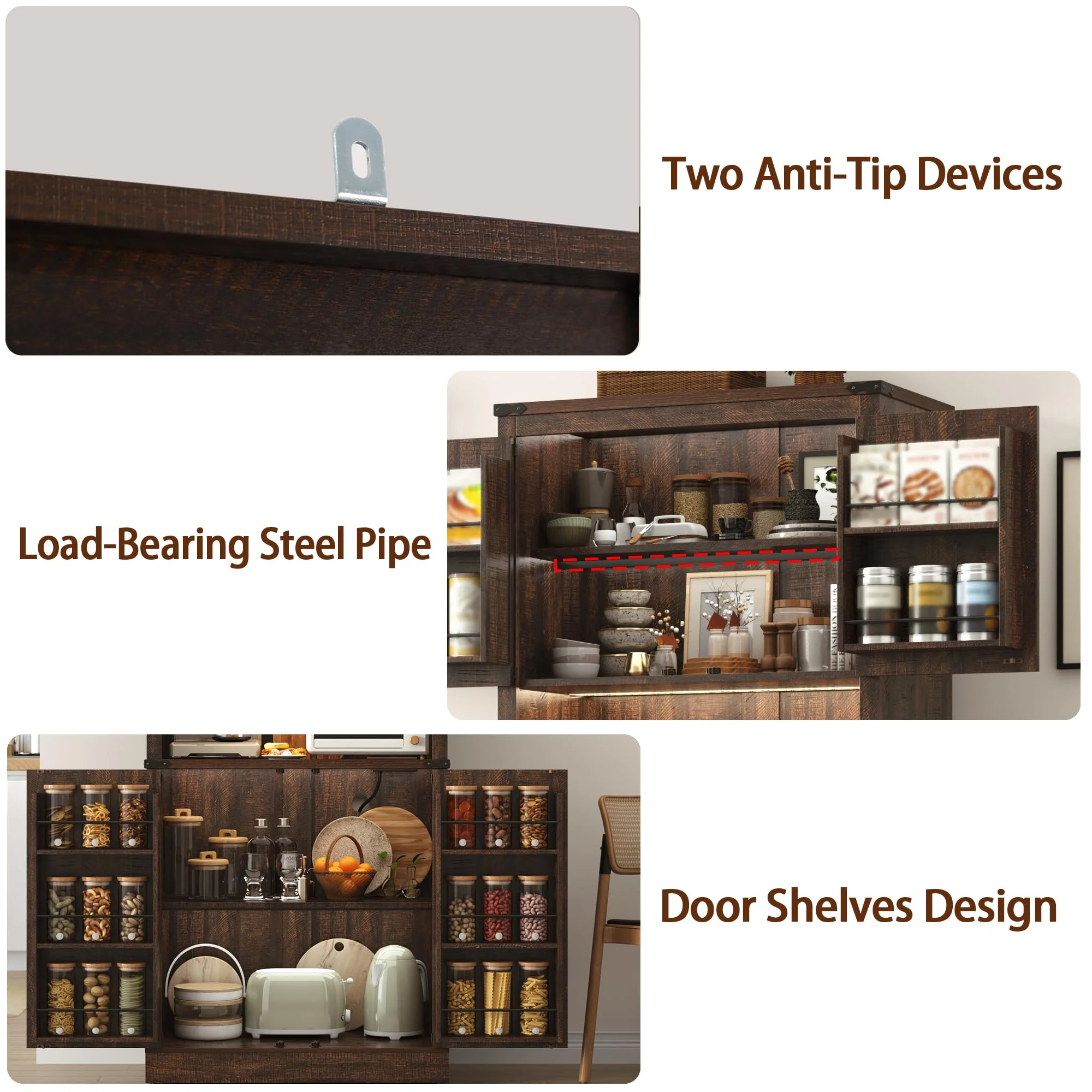 72"Tall Farmhouse Kitchen Pantry Cabinet with 10 Side Shelves and LED Light&Power Outlet,5 Layers Pantry Storage Cabinet with Barn Doors&Load-Bearing Steel Pipe for Dining Room,Living Room