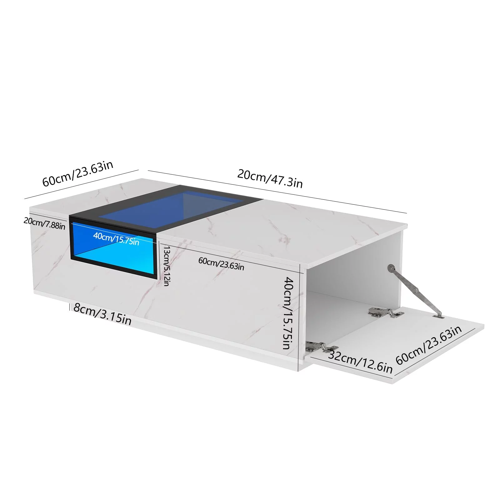 Hlivelood 47.3"Large LED Coffee Table with Storage, White High Gloss Modern Coffee Table with Large Capacity Drawer & Glass shelf, LED Coffee Table for Living Room