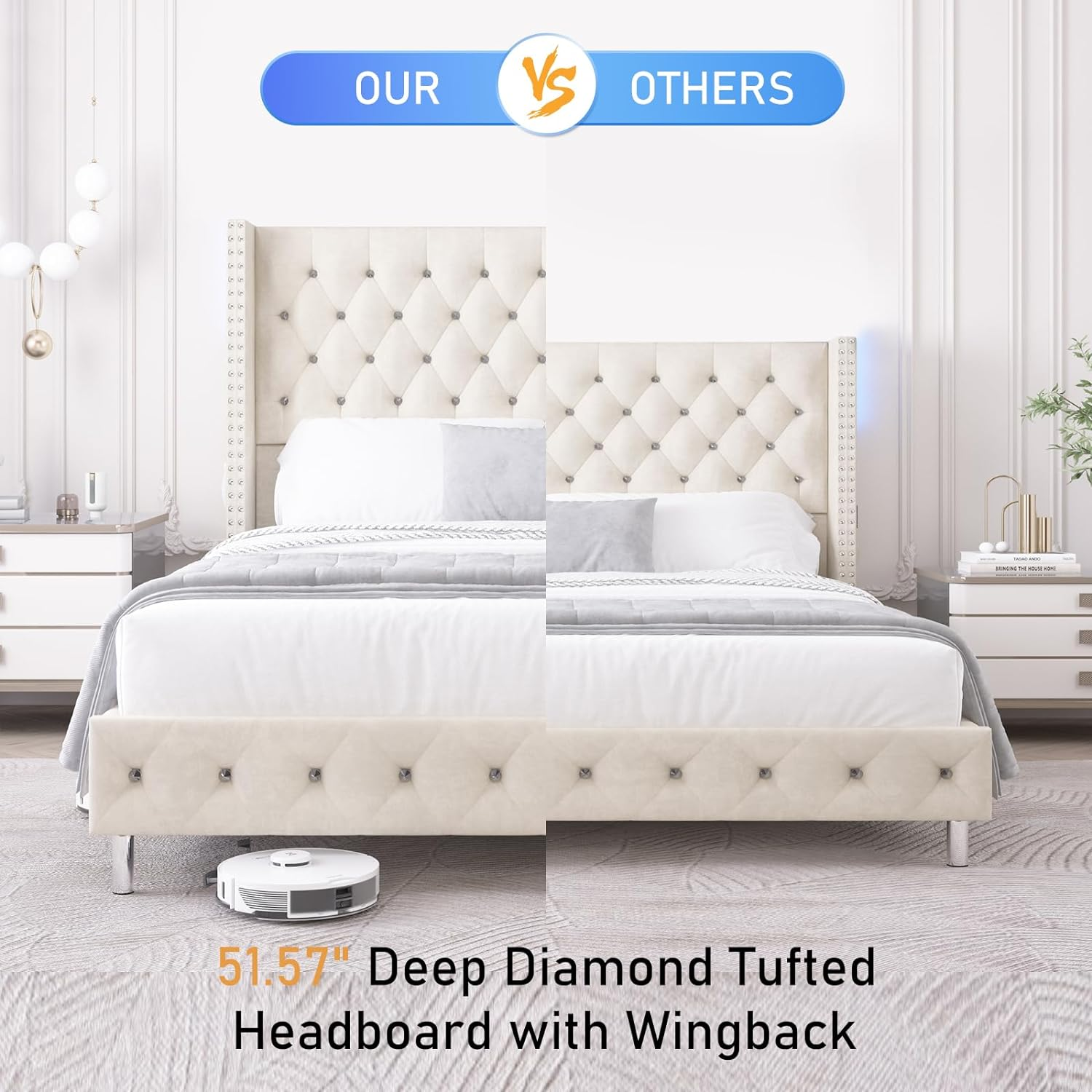 Queen LED Upholstered Bed Frame with Wingback Headboard, Velvet Diamond Button Tufted Bed Frame USB & Type-C Ports and Side Pockets, Wood Slats Support, No Box Spring Needed